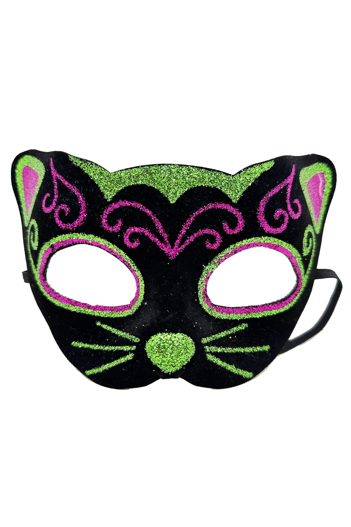Siyah Kadife Kaplama Üzeri Pembe Yeşil Sim İşlemeli Kedi Maskesi 20x13 Cm - Just Cheap Store Görsel 2