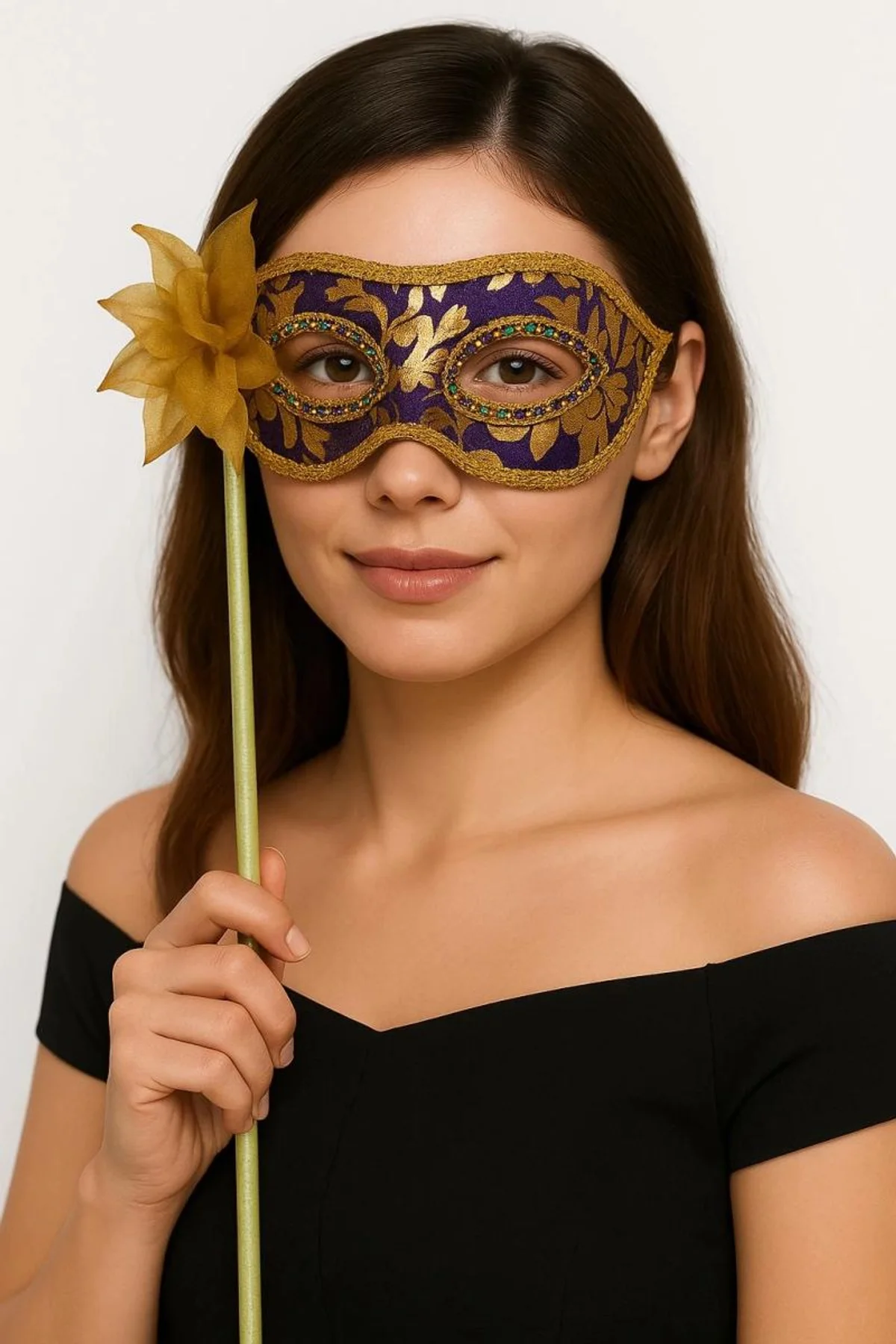 Lüks Taşlı Saplı Maskeli Balo Maskesi Mor Renk 35 Cm