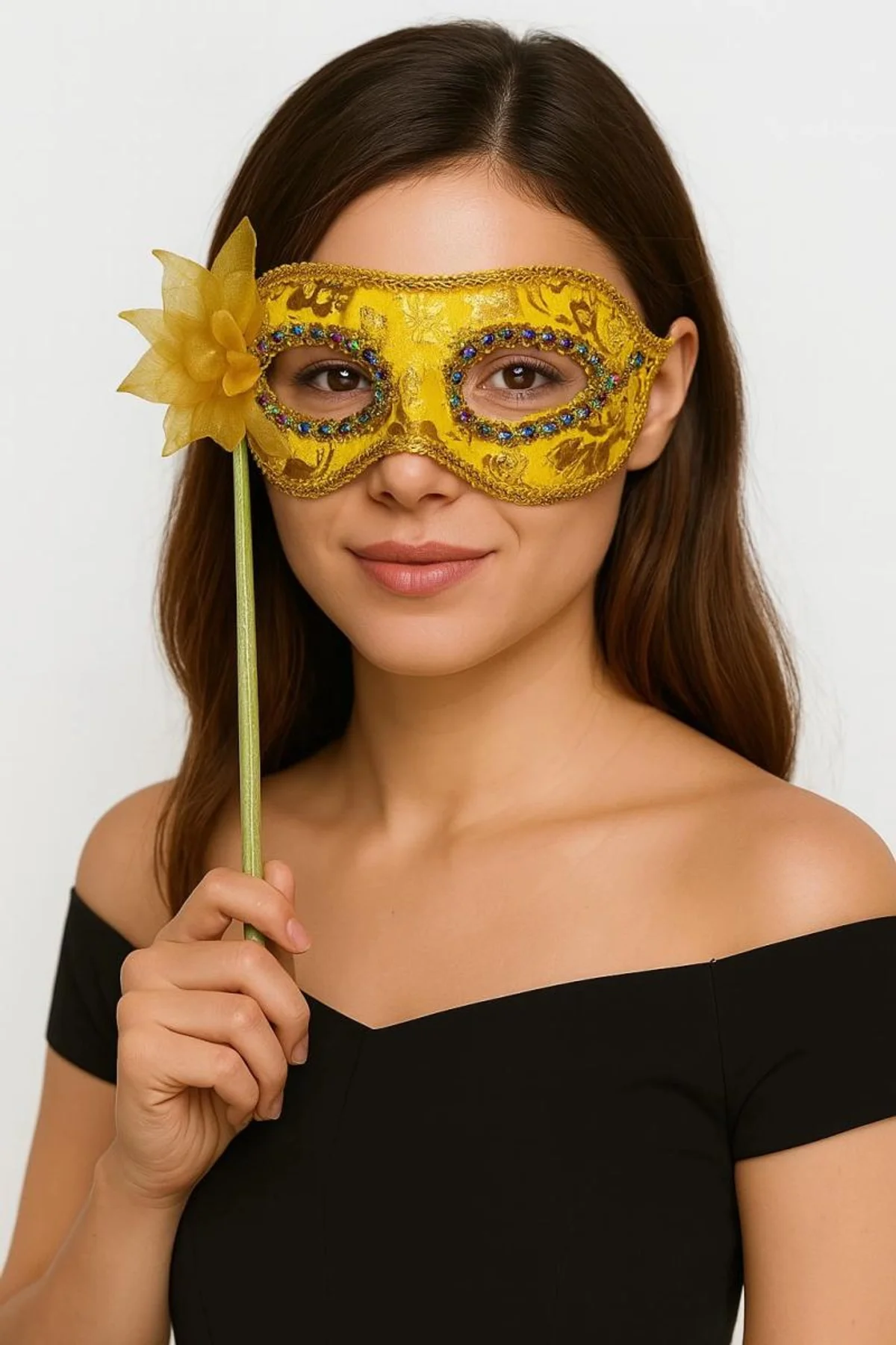 Lüks Taşlı Saplı Maskeli Balo Maskesi Altın Renk 35 Cm