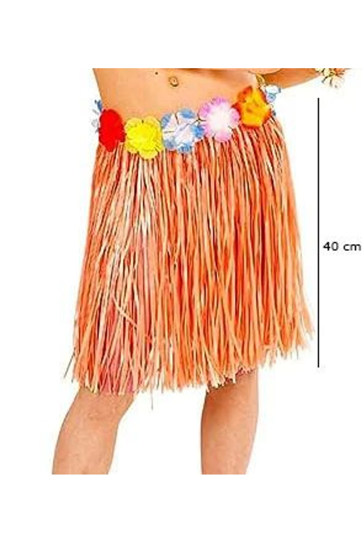 Yetişkin Ve Çocuk Uyumlu Turuncu Renk Püsküllü Hawaii Luau Hula Etek 40 Cm