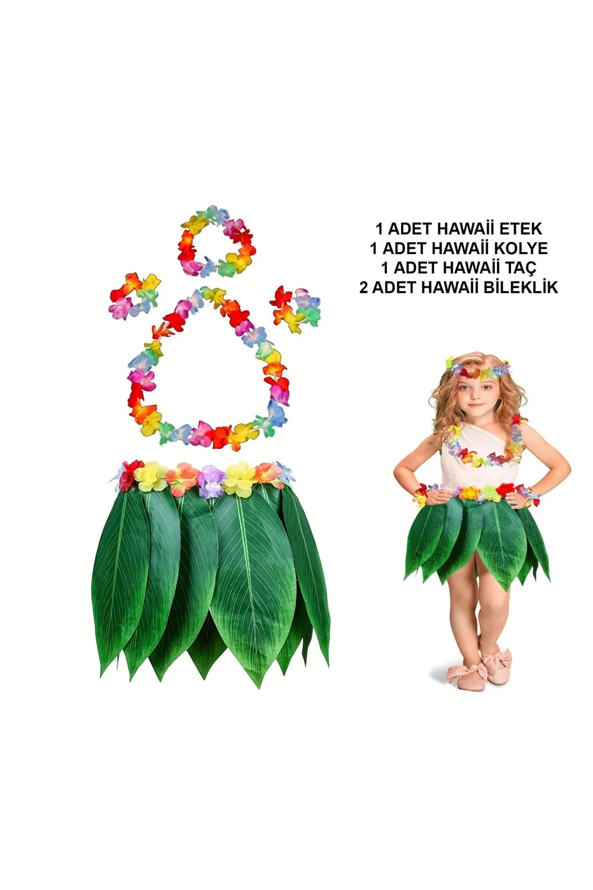 Çocuk Hawaii Kostüm Seti - Yaprak Etek Hawaii Set - 5 Parça