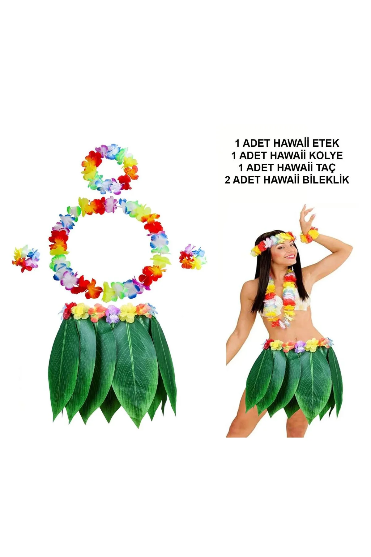 Yetişkin Hawaii Kostüm Seti - Yaprak Etek Hawaii Set - 5 Parça