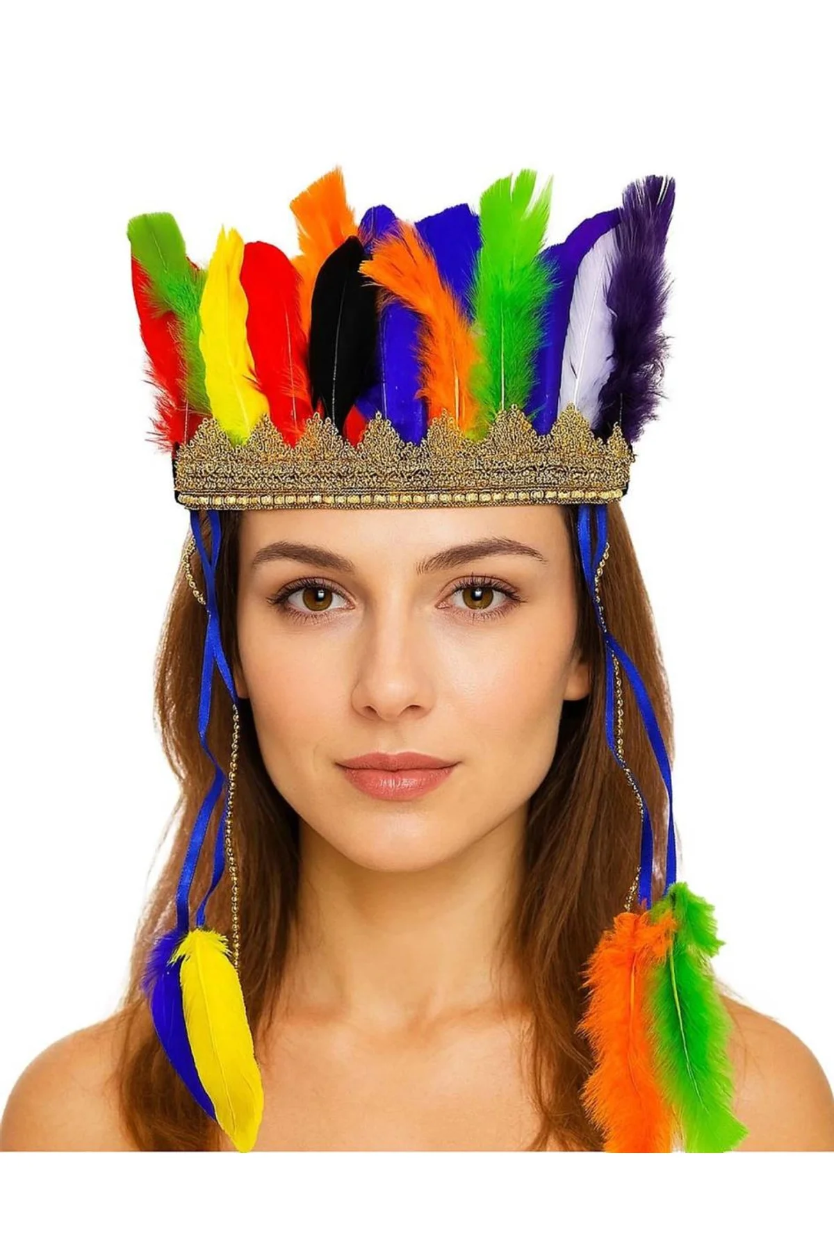 Rengarenk Tüylerle İşlenmiş Lastikli Kızılderili Başlığı - Just Cheap Store Görsel 2