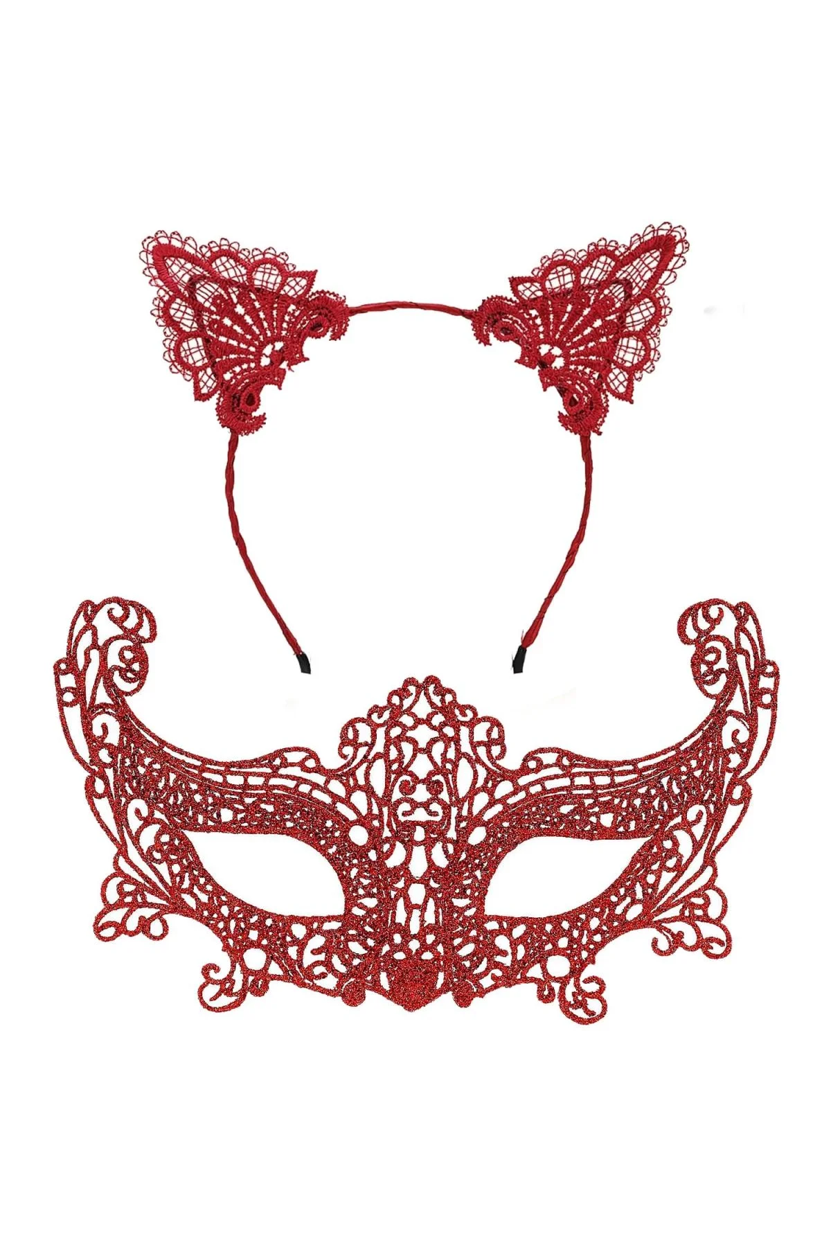 Romantik Kırmızı Dantel Maske Seti – Kedi Kulaklı Taç Ve Maske 3 No - Just Cheap Store Görsel 2