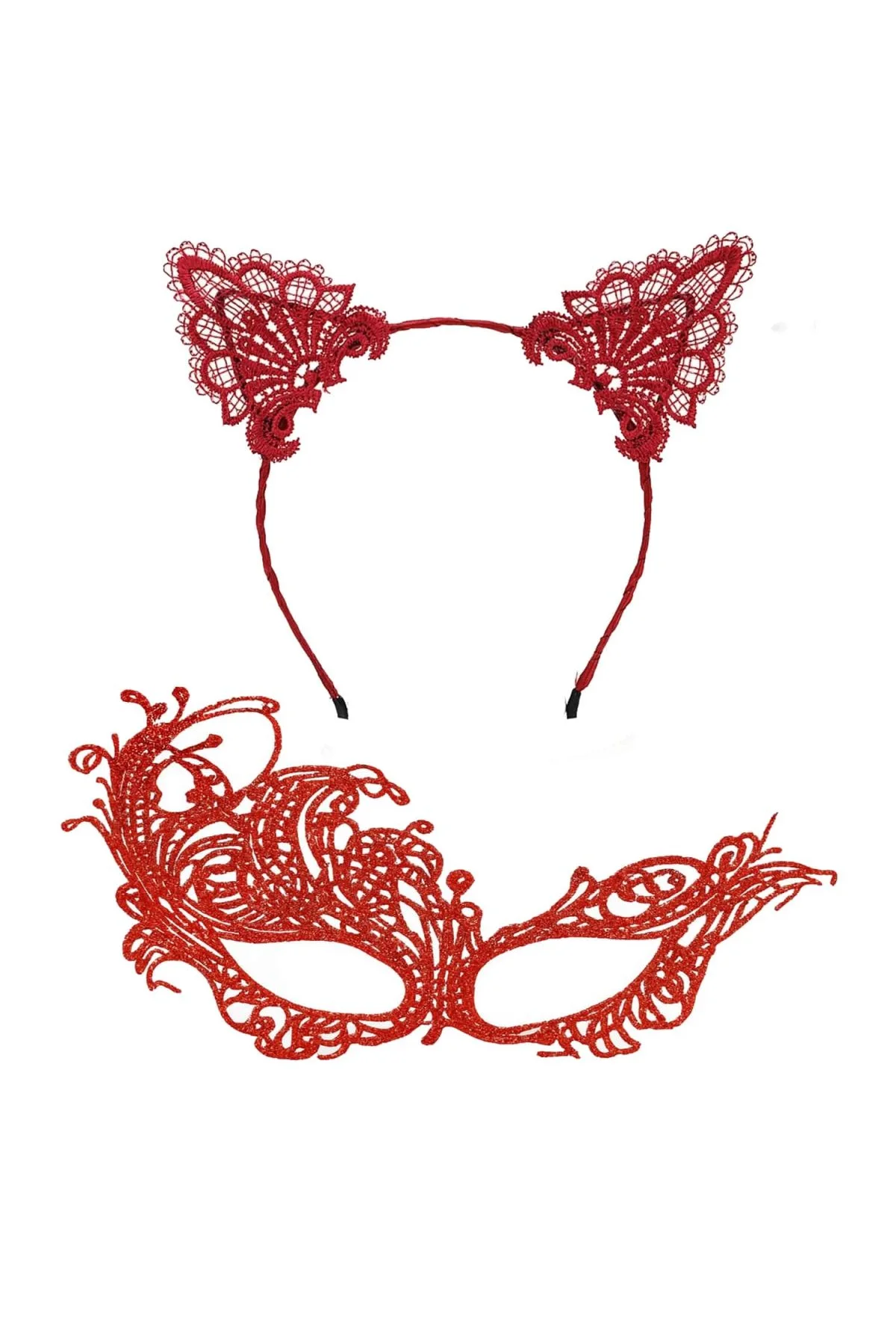 Gizemli Kırmızı Dantel Maske Ve Taç Seti 1 No - Kostüm Seti - Just Cheap Store Görsel 2