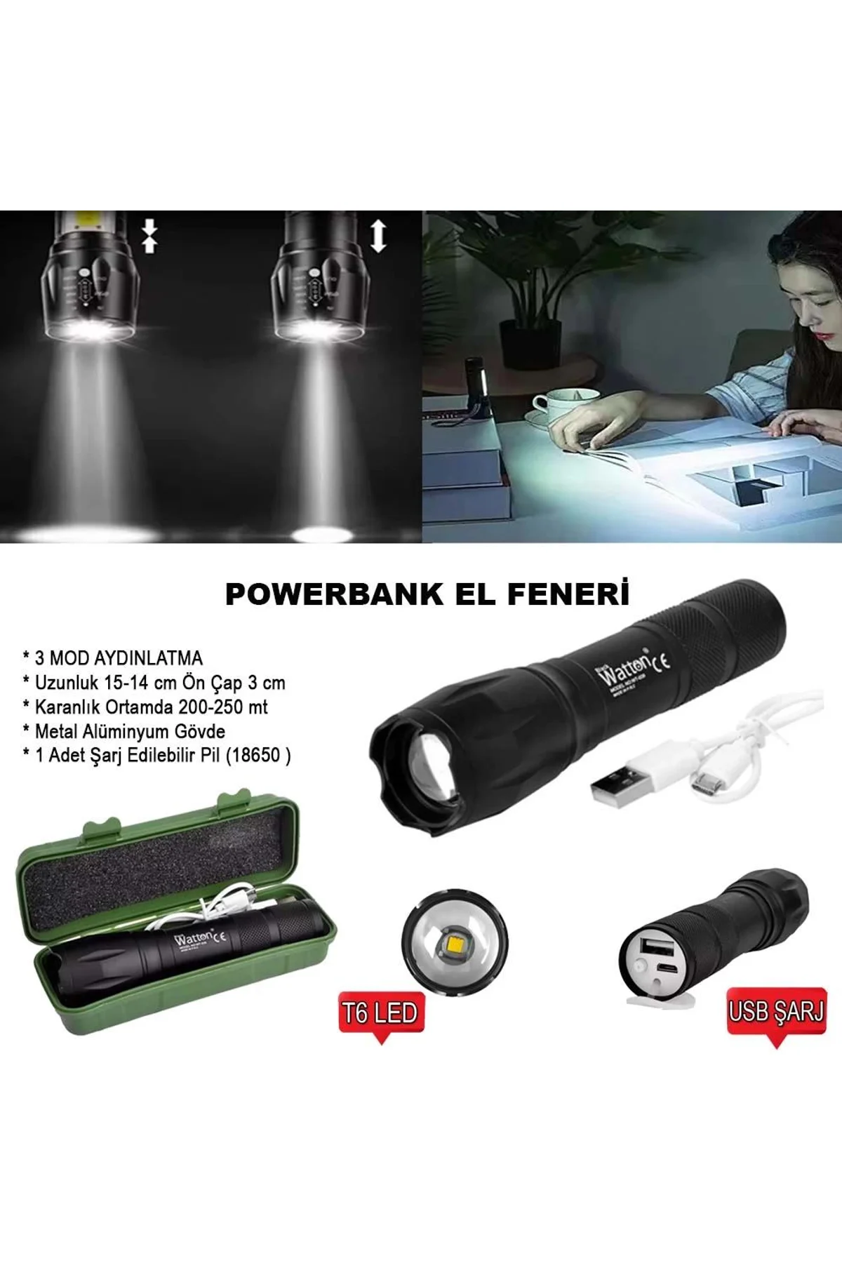 Powerbank Özellikli Uzun Menzilli El Feneri Wt-039