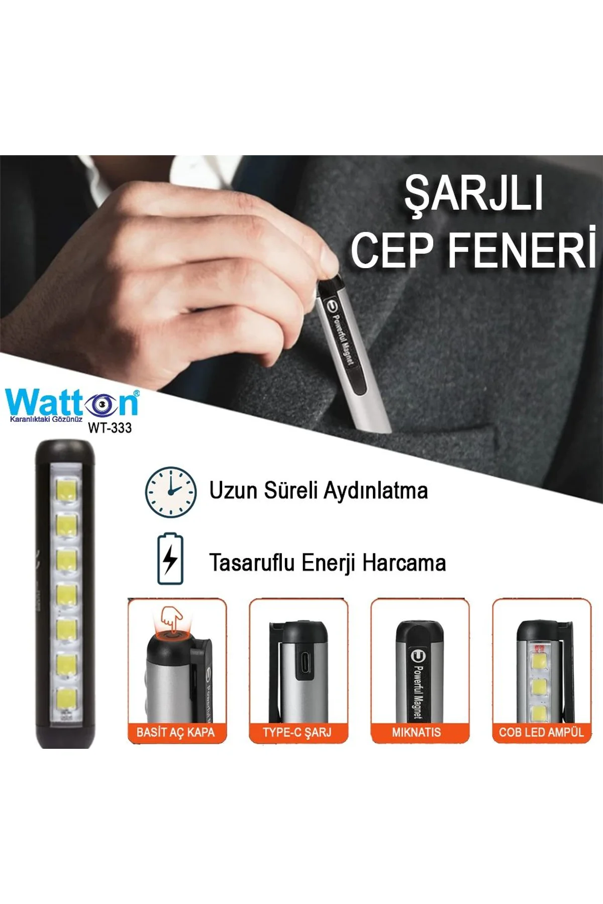 Type-c Girişli Mıknatıslı Şarjlı Cep Feneri Wt-333