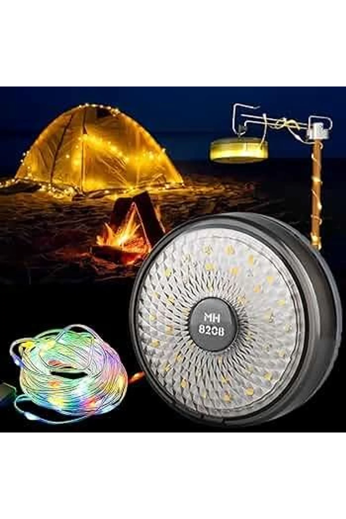 Şarjlı 10 Metre Ledli Şarj Göstergeli 8 Işık Modlu Hareketli Ve Flaşör Modlu Kamp Lambası Led Işık