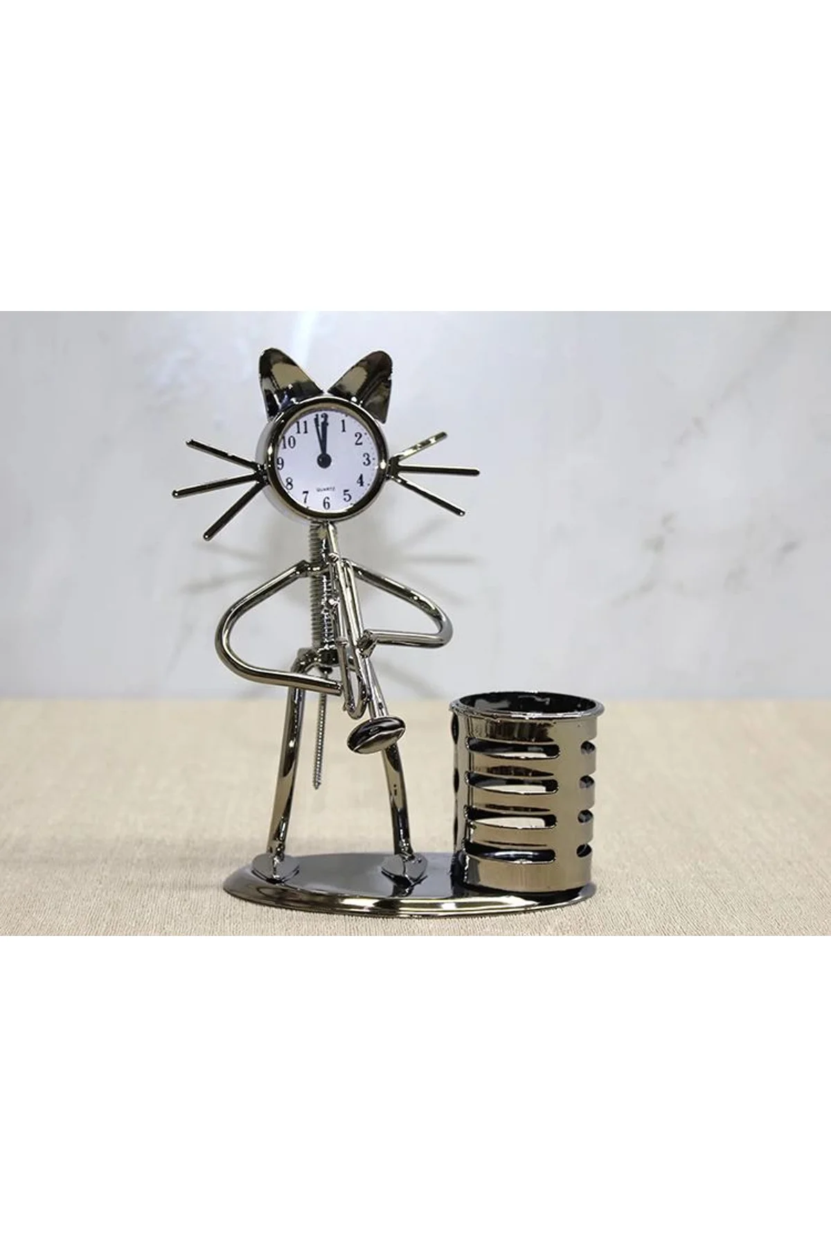 Metal Saksafon Çalan Kedi Müzisyen Saat Ve Kalemlik Alk4346