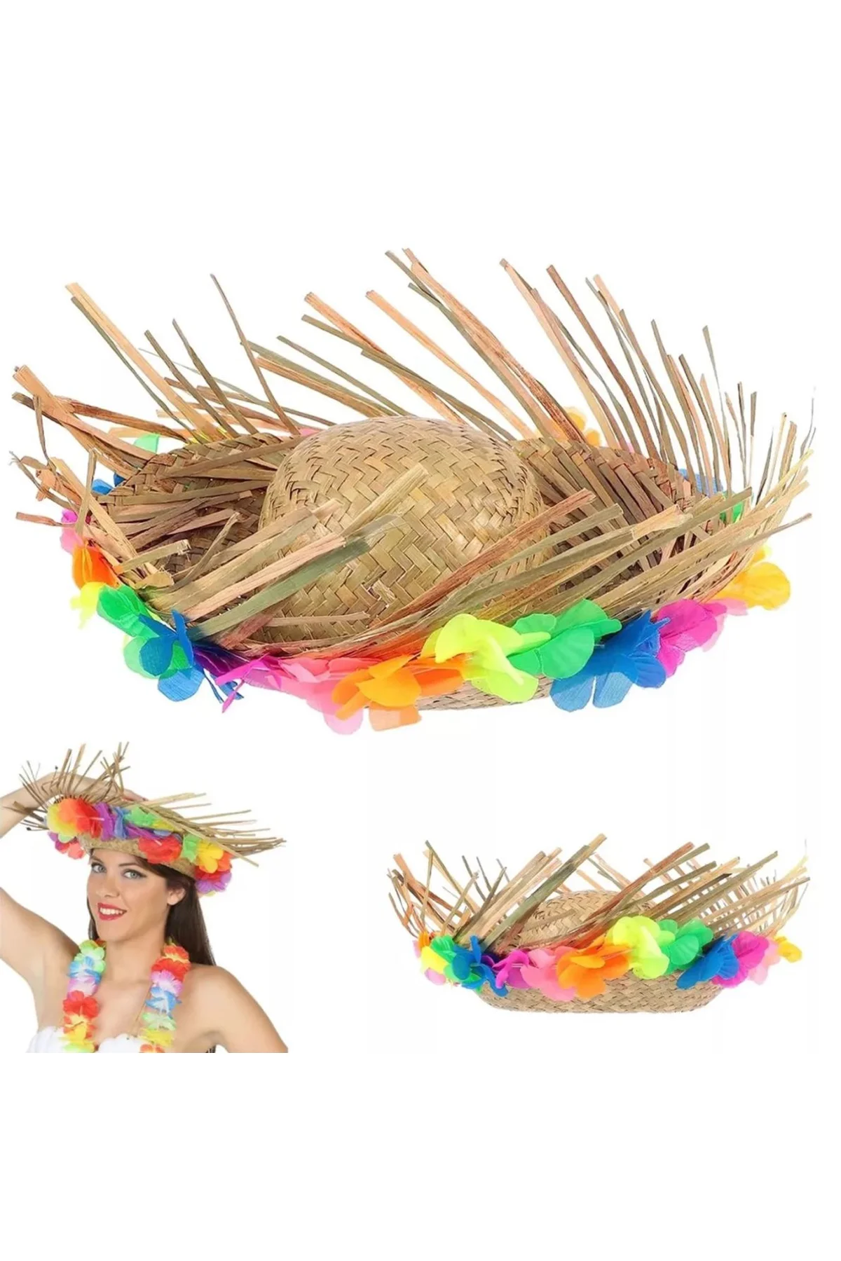 Naturel Renk Püsküllü Örme Hasır Hawaii Luau Aloha Şapka 13x36 Cm - Just Cheap Store Görsel 2