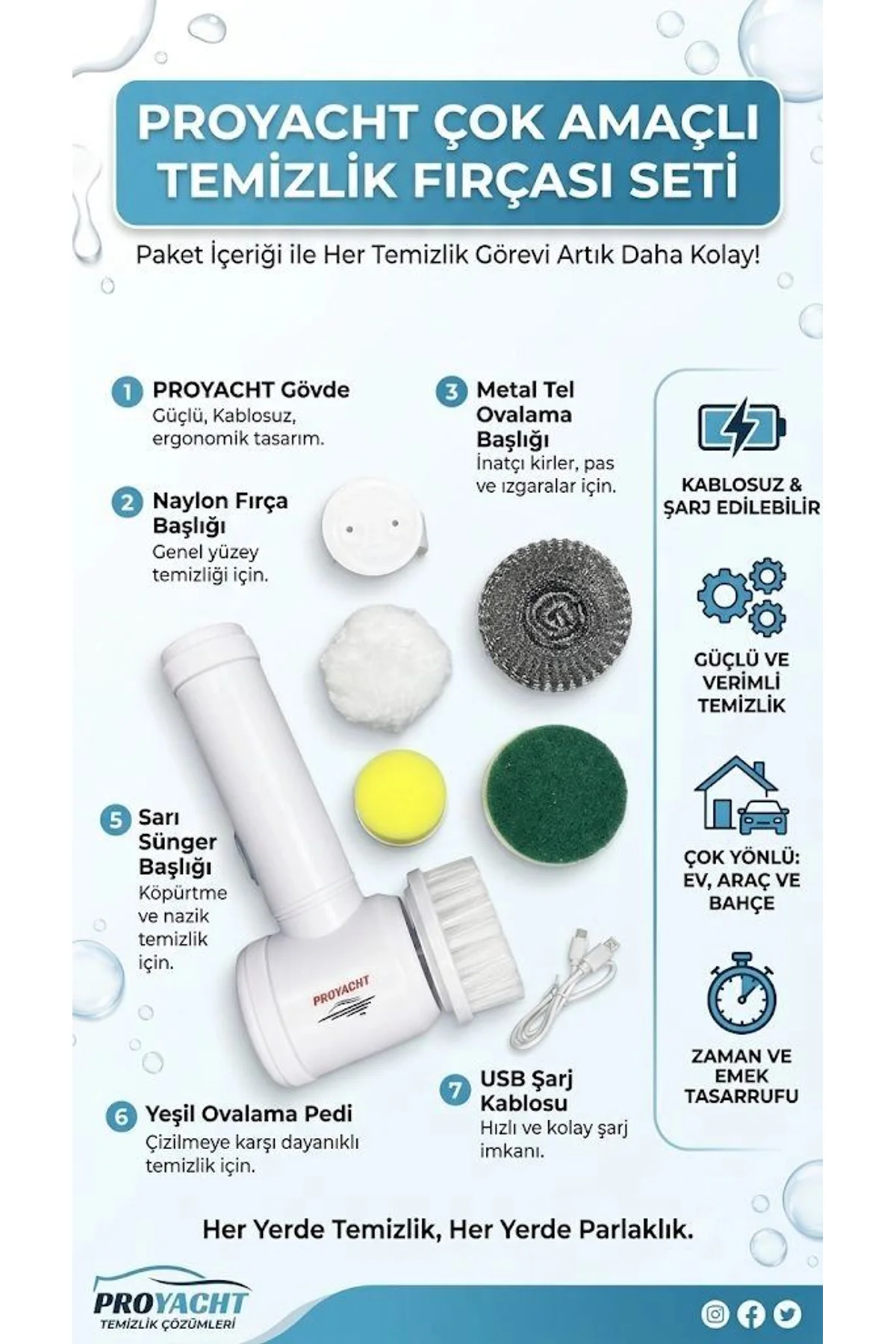 Şarjlı 5 Başlıklı Otomatik Temizleme Fırçası