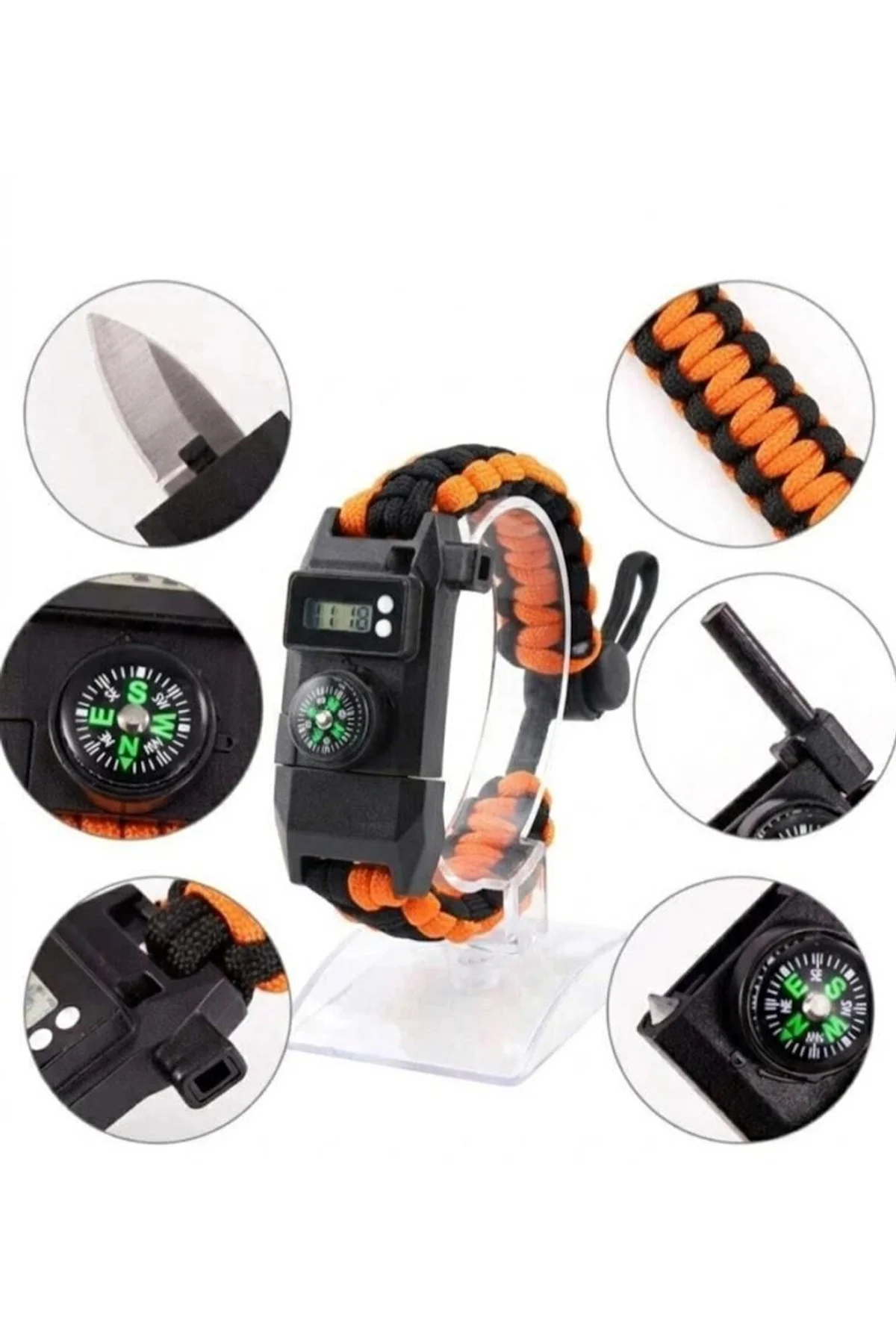 Paracord Dijital Saat Düdük Hayatta Kalma Turuncu Kamp Bilekliği
