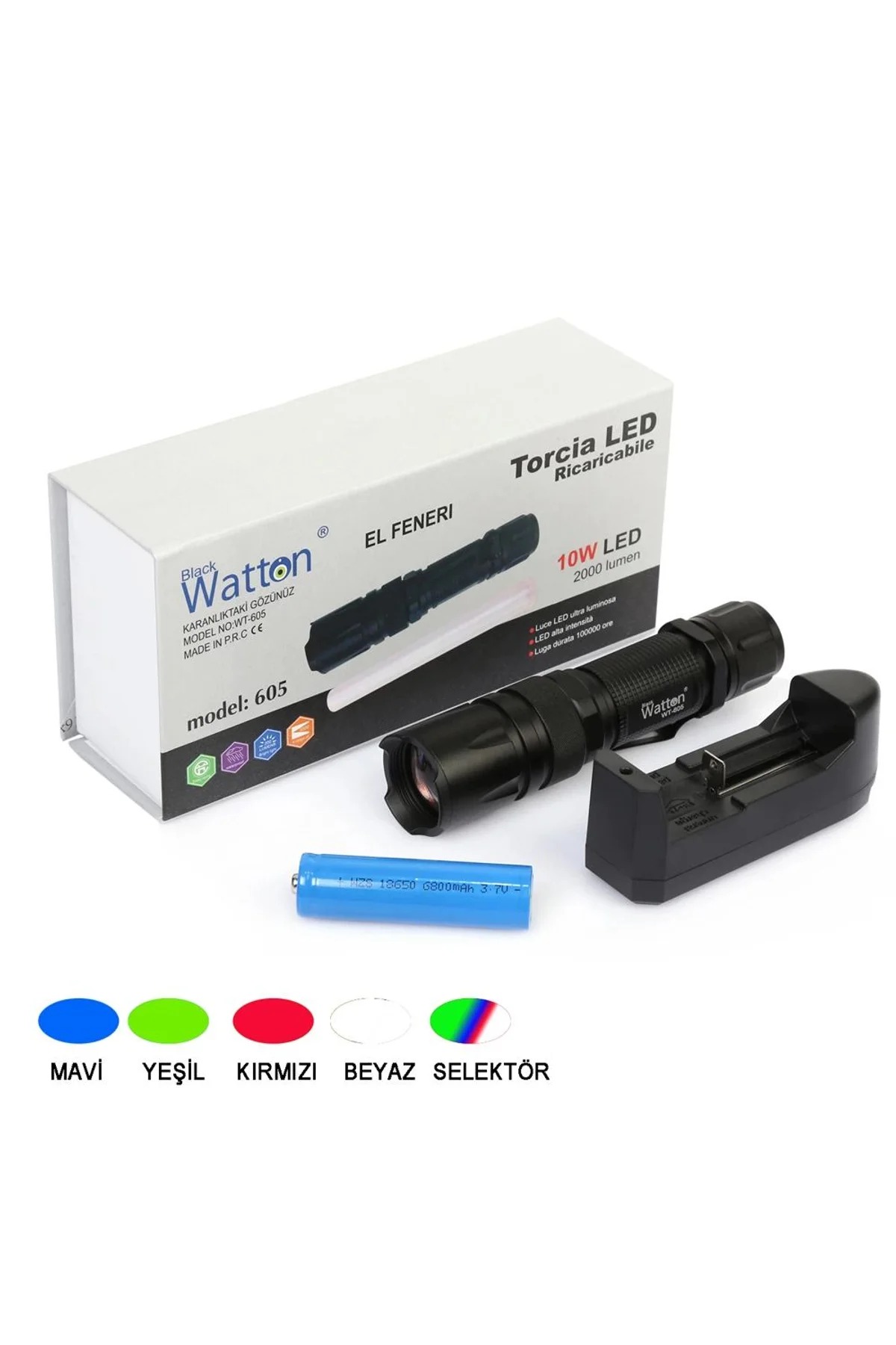 10w 2000 Lümen 4 Renk Güçlü El Feneri Wt-605