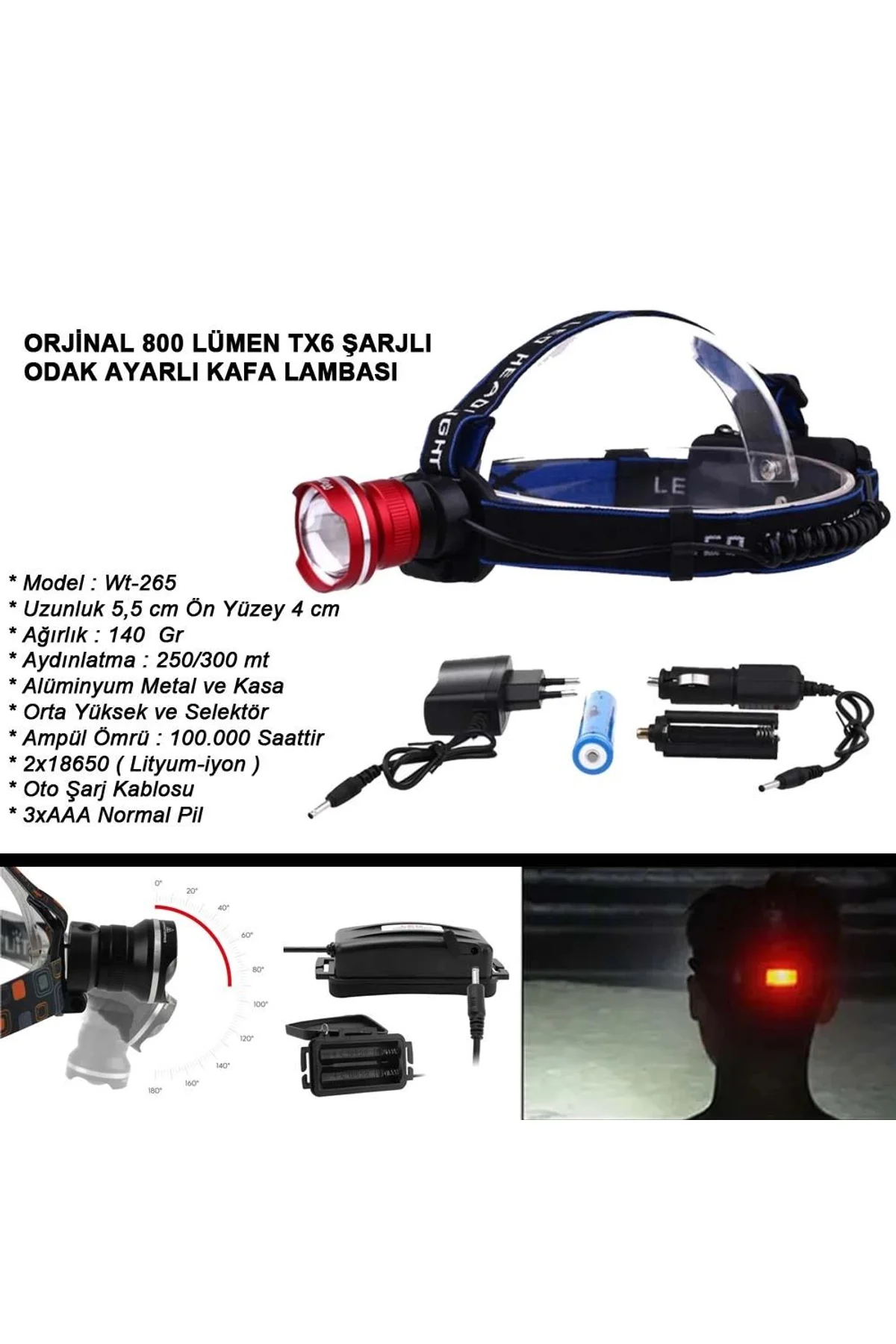 Orjinal 800 Lümen T6 Şarjlı Kafa Feneri Wt-265