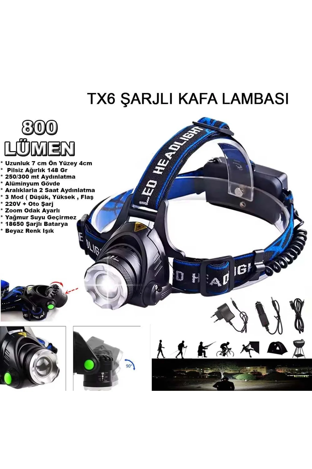 Orjinal 800 Lümen Tx6 Şarjlı Zoomlu Kafa Feneri Wt-120