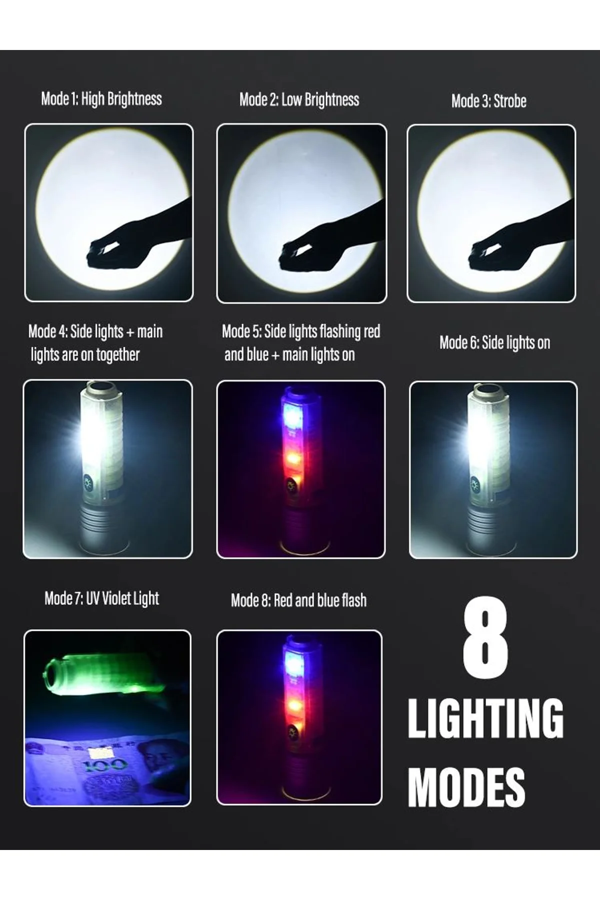 Profesyonel Tg Led Güçlü 8 Modlu Type-c 1000 Lümen Polis Çakarlı Şarjlı El Feneri - Just Cheap Store Görsel 5