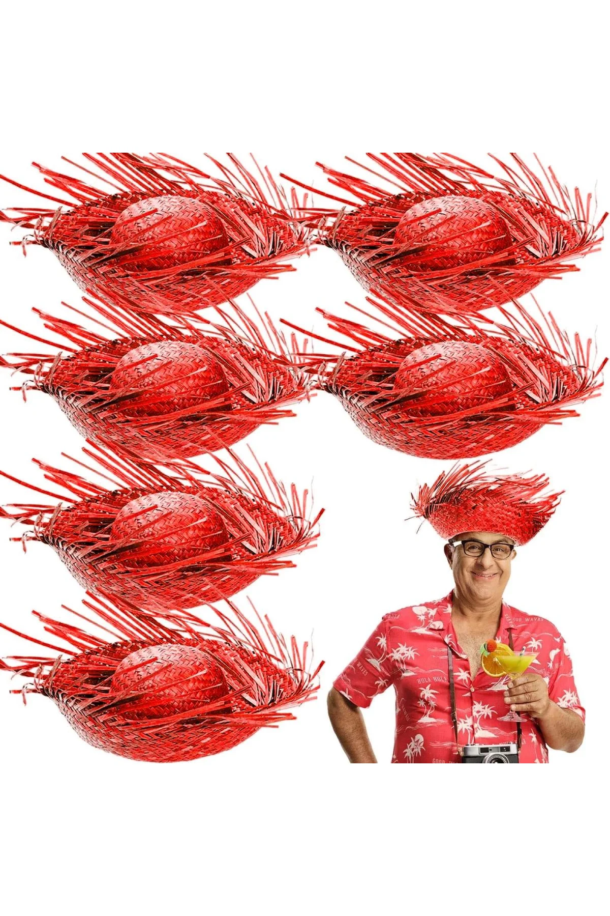Tropikal Parti Kırmızı Hasır Hawaii Şapkası 13x36 Cm - Just Cheap Store Görsel 2