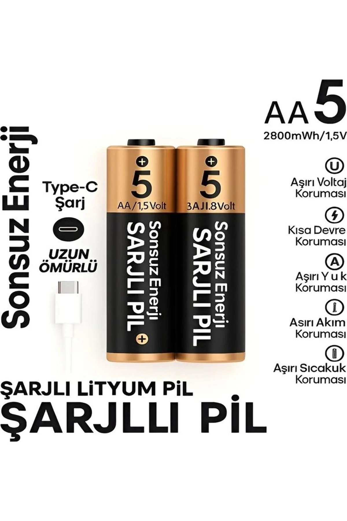 Type-c Şarjlı 2800mwh 1.5v Şarj Edilebilir 2’li Aa5 Kalın Pil - Lityum Iyon Batarya