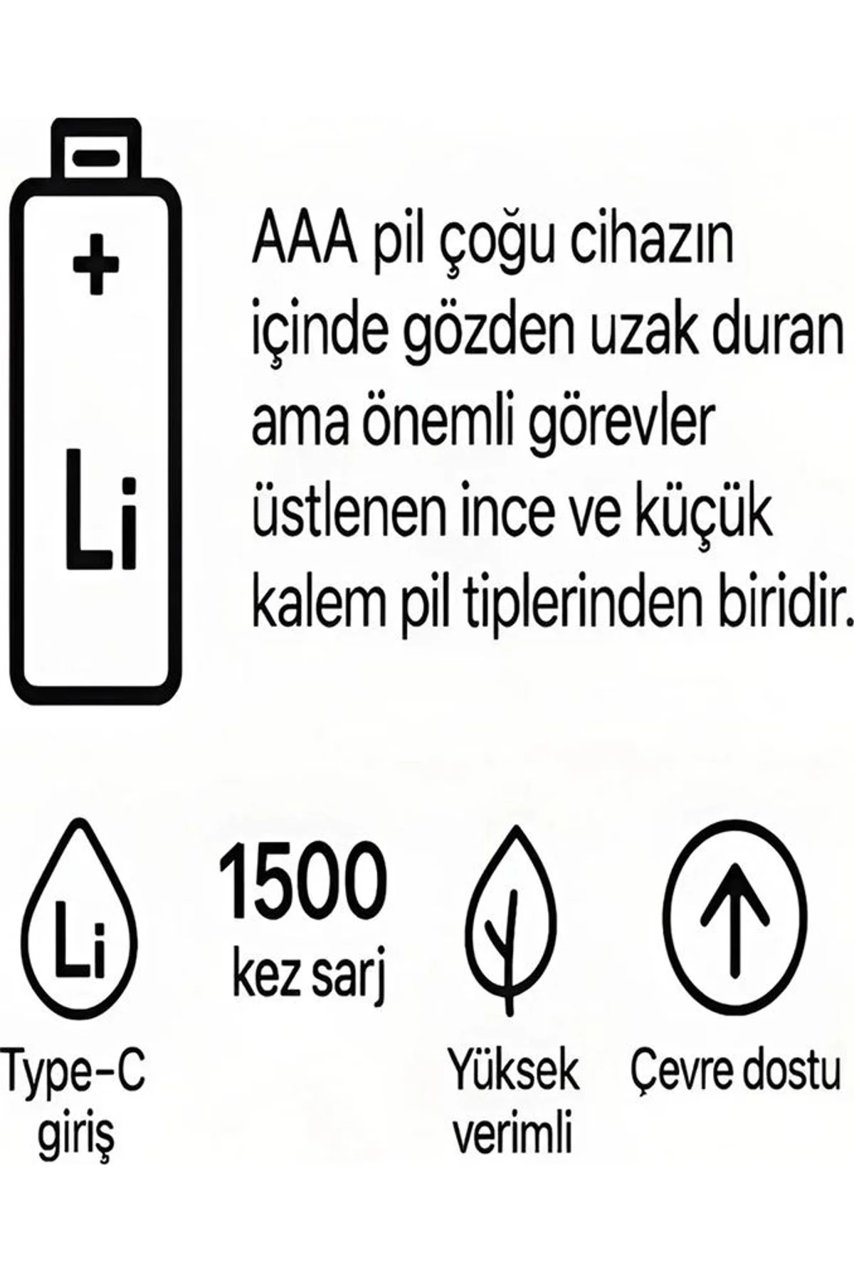 Type-c Şarjlı 800mwh 1.5v Şarj Edilebilir 2’li Aaa İnce Pil - Lityum Iyon Batarya - Just Cheap Store Görsel 3