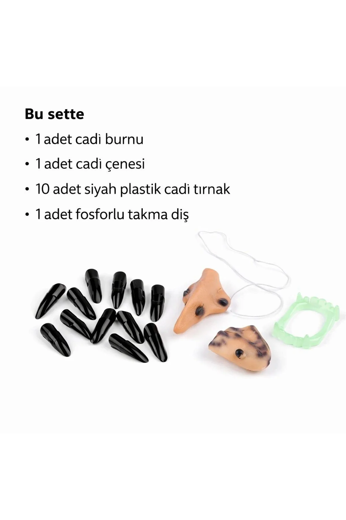 Cadı Aksesuar Seti – Burun, Çene, Fosforlu Diş Ve 10 Adet Siyah Tırnak