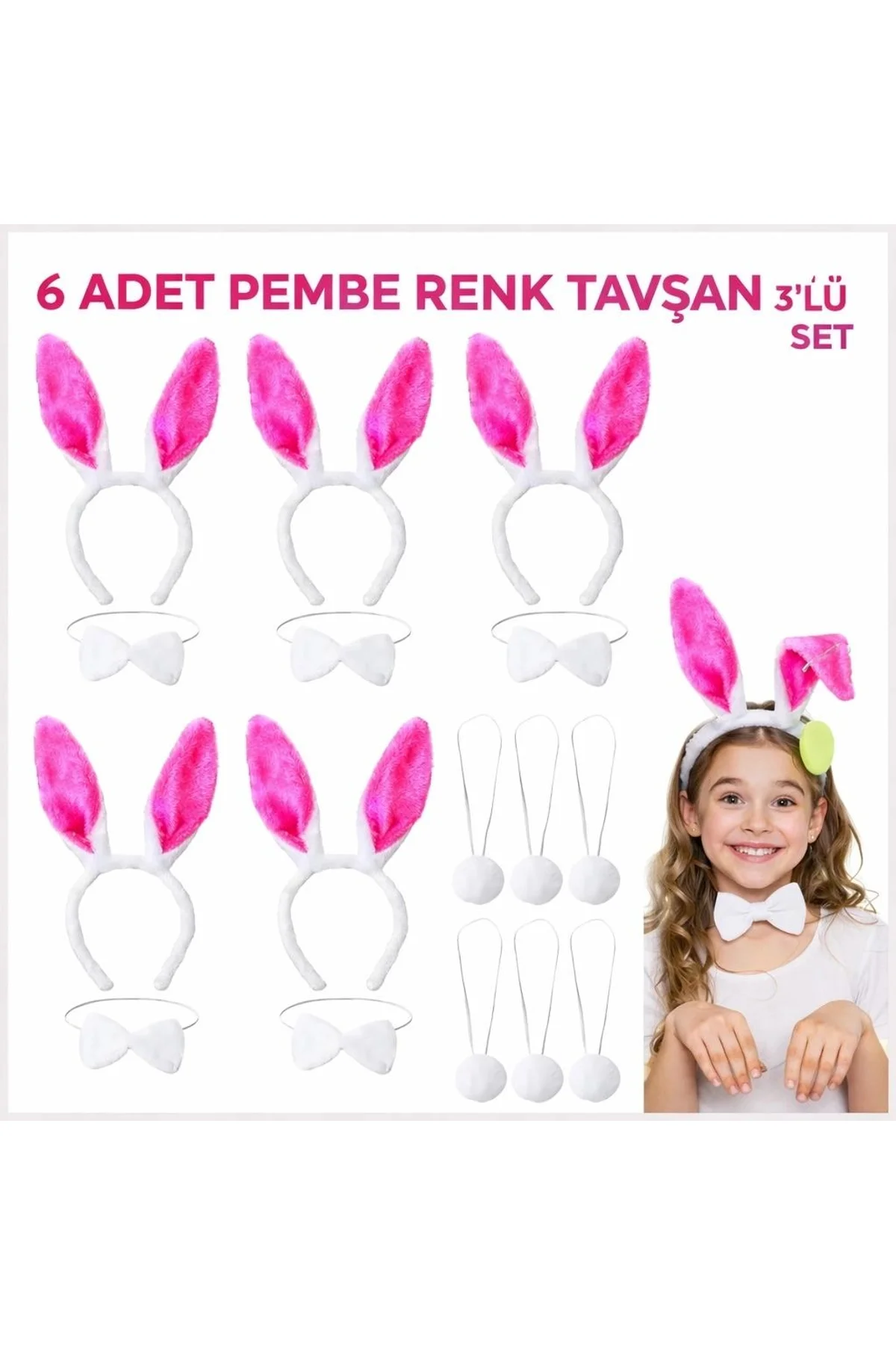 Şeker Pembesi Tavşan Sahne Seti 639lı Set Taç Papyon Kuyruk