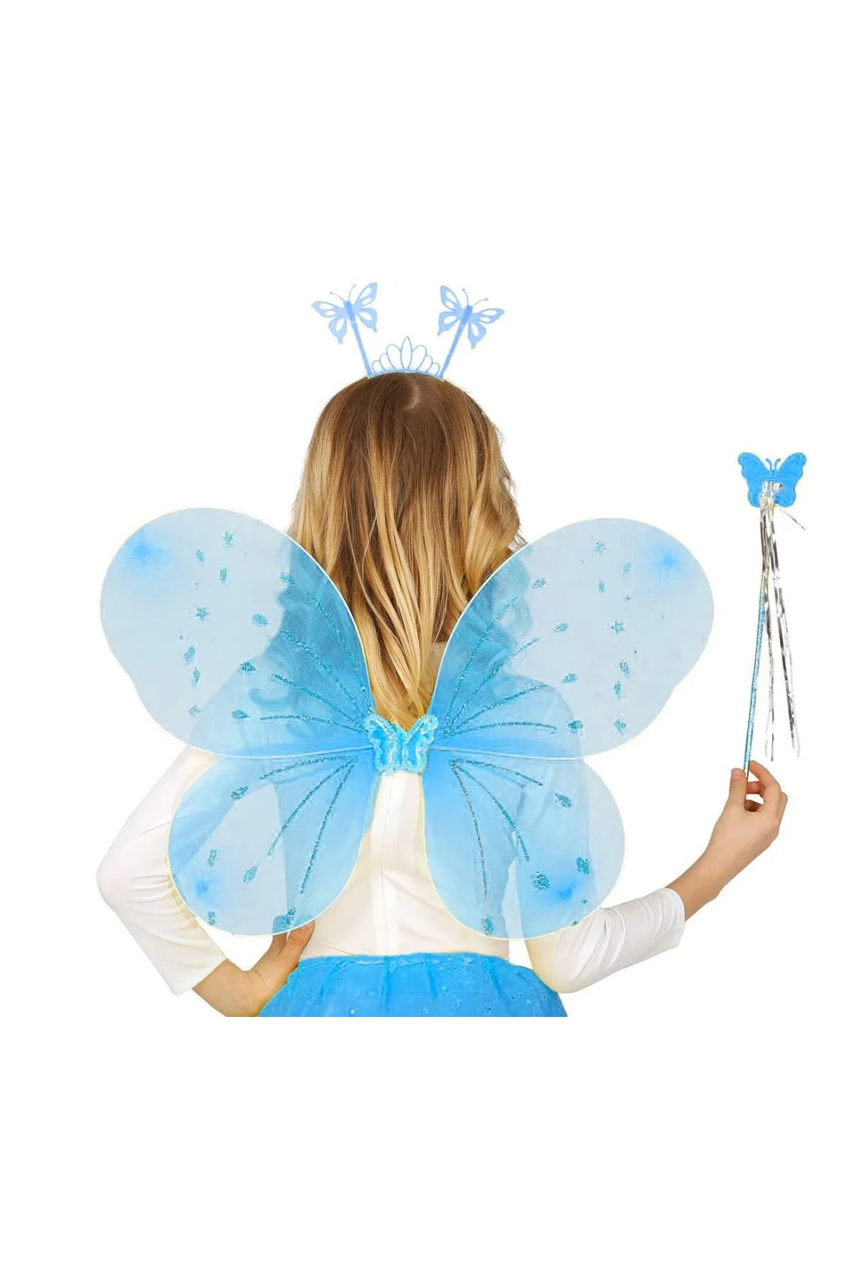 Mavi Kelebek Erkek-kız Seti – 50 Cm Kelebek Kanadı, Taç Ve Asa