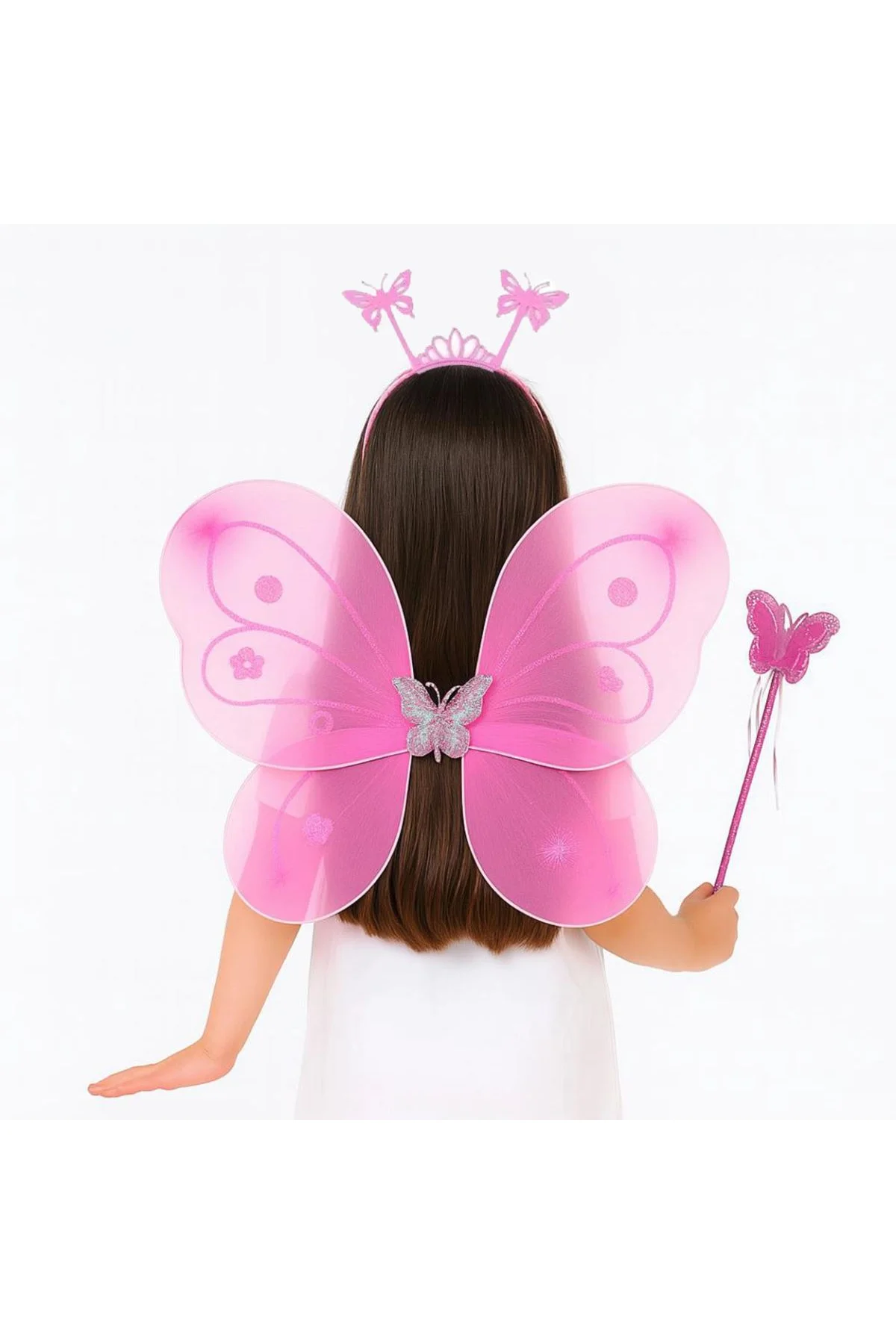 Pembe Kelebek Kız Seti – 50 Cm Kelebek Kanadı, Taç Ve Asa