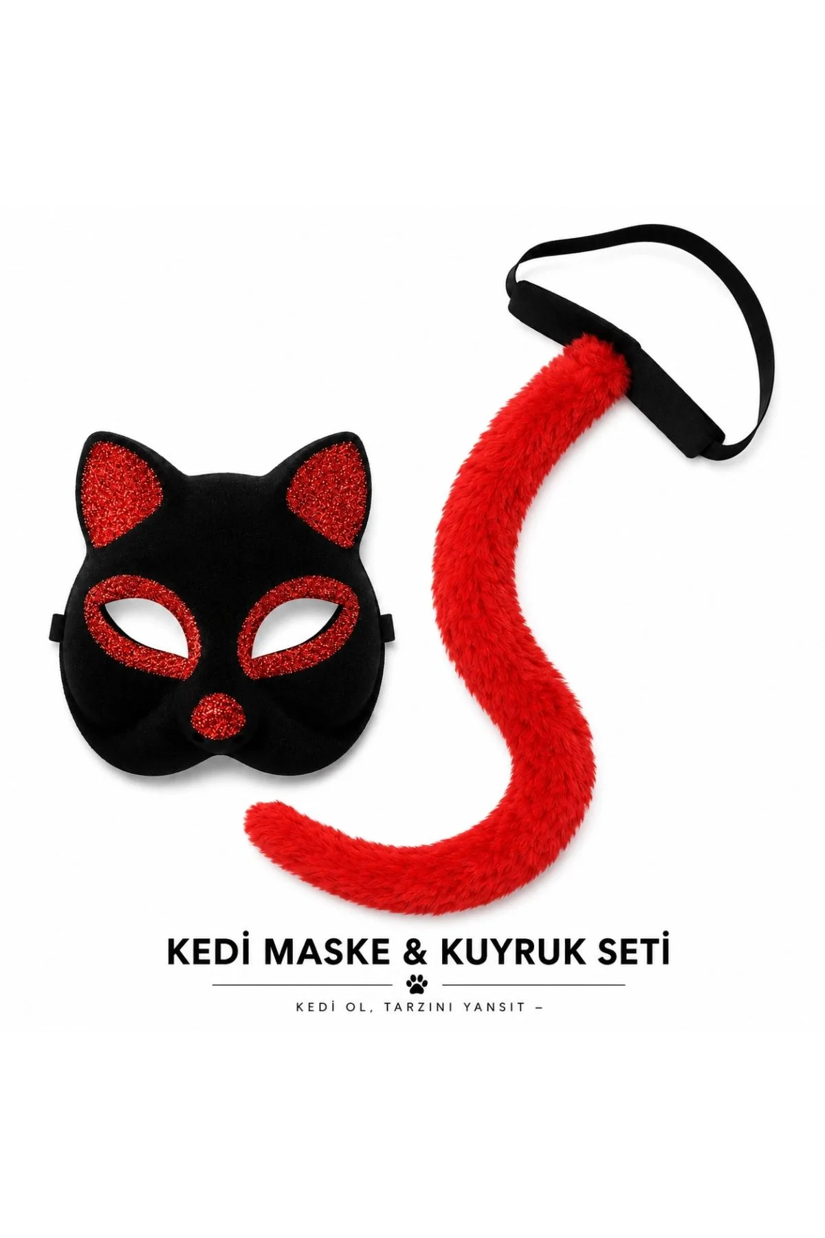 Kırmızı Kedi Maske Ve Kuyruk Seti Parti Kostüm Aksesuarı