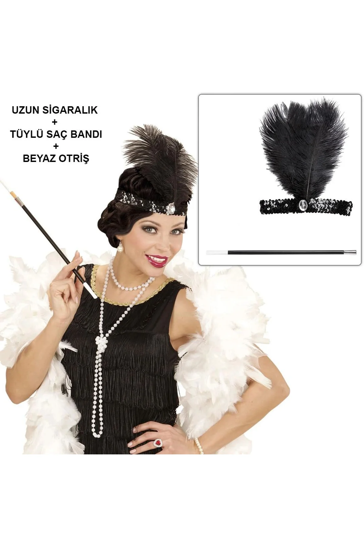 Retro Charliston Beyaz Otrişli Aksesuar Seti – 2039ler 9039lar Gatsby Kostüm Seti