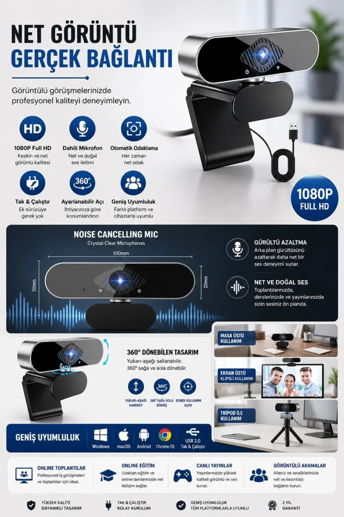 Webcam Orjınal 1080p Hd Konferans Kamera Dahili Mikrofon Görüntülü Sohbet Yayın Kamerası Hd Video Ae - Just Cheap Store Görsel 2
