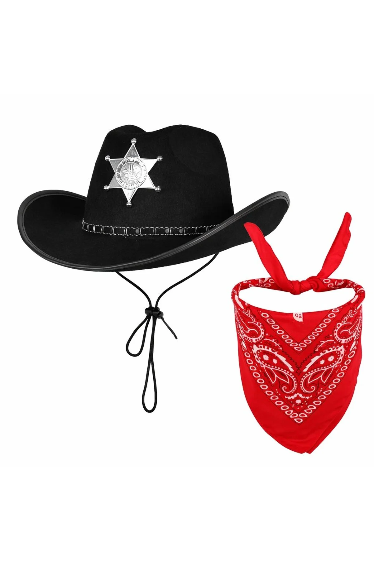 Çocuk Kovboy Şapka Rozetli Siyah Kırmızı Bandana Seti - Just Cheap Store Görsel 2