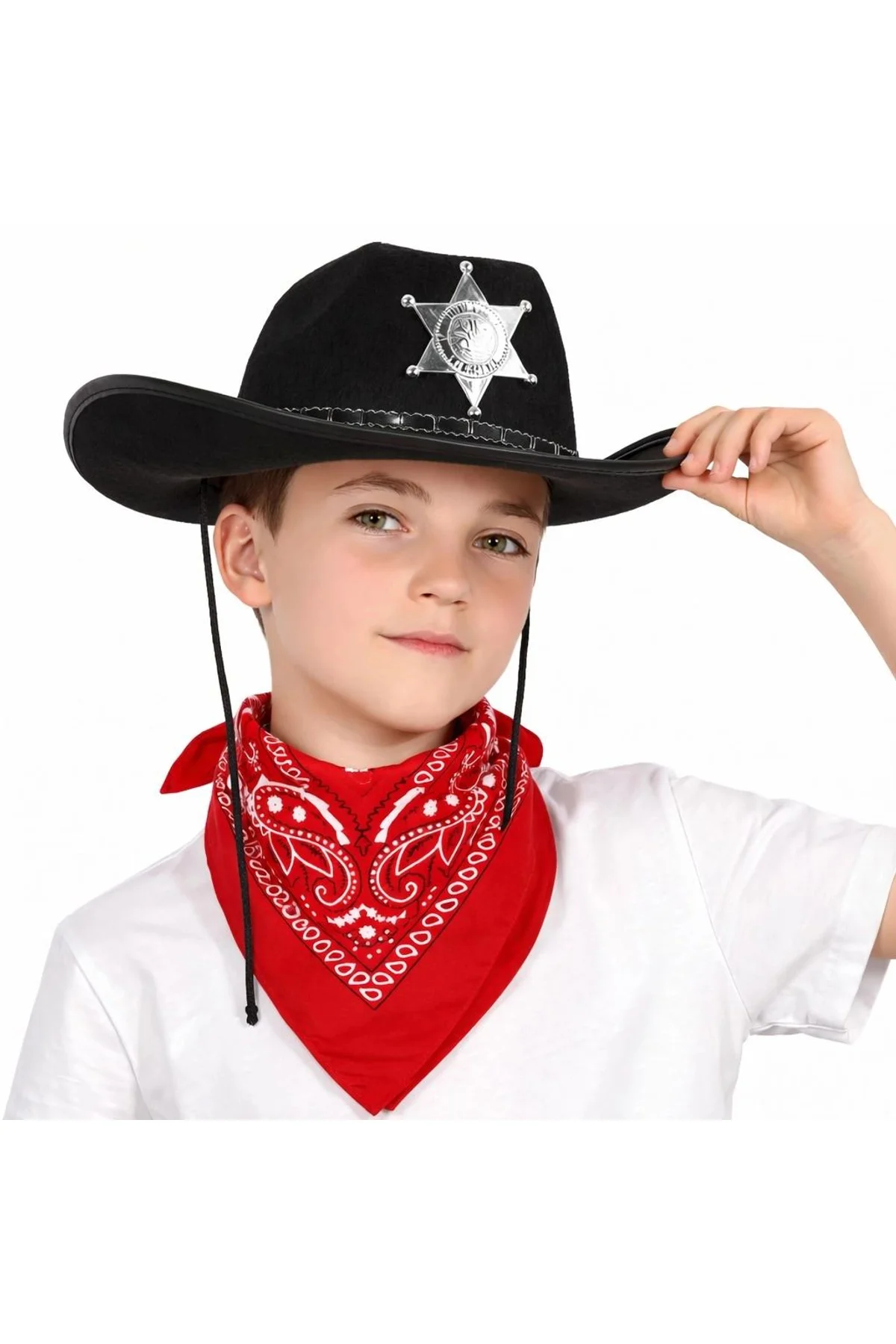 Çocuk Kovboy Şapka Rozetli Siyah Kırmızı Bandana Seti