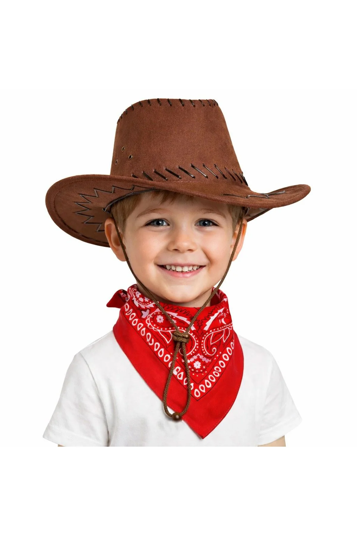 Çocuk Kovboy Şapka Kahverengi Kırmızı Bandana Seti