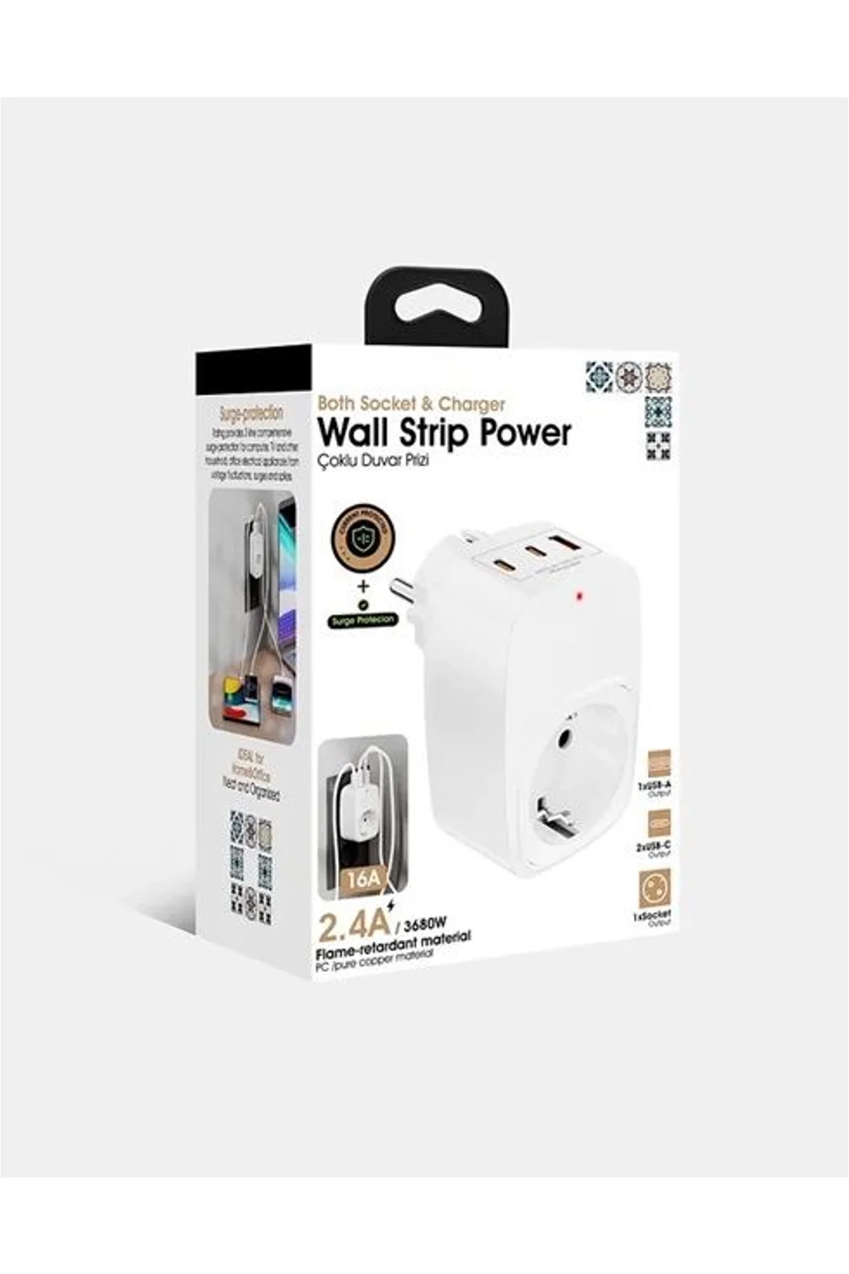 Tekli Yüksek Voltaj Korumalı Duvar Prizi 2x Type-c 1x Usb Çıkışlı Priz Grup Priz Çoğaltıcı Siyah - Just Cheap Store Görsel 4