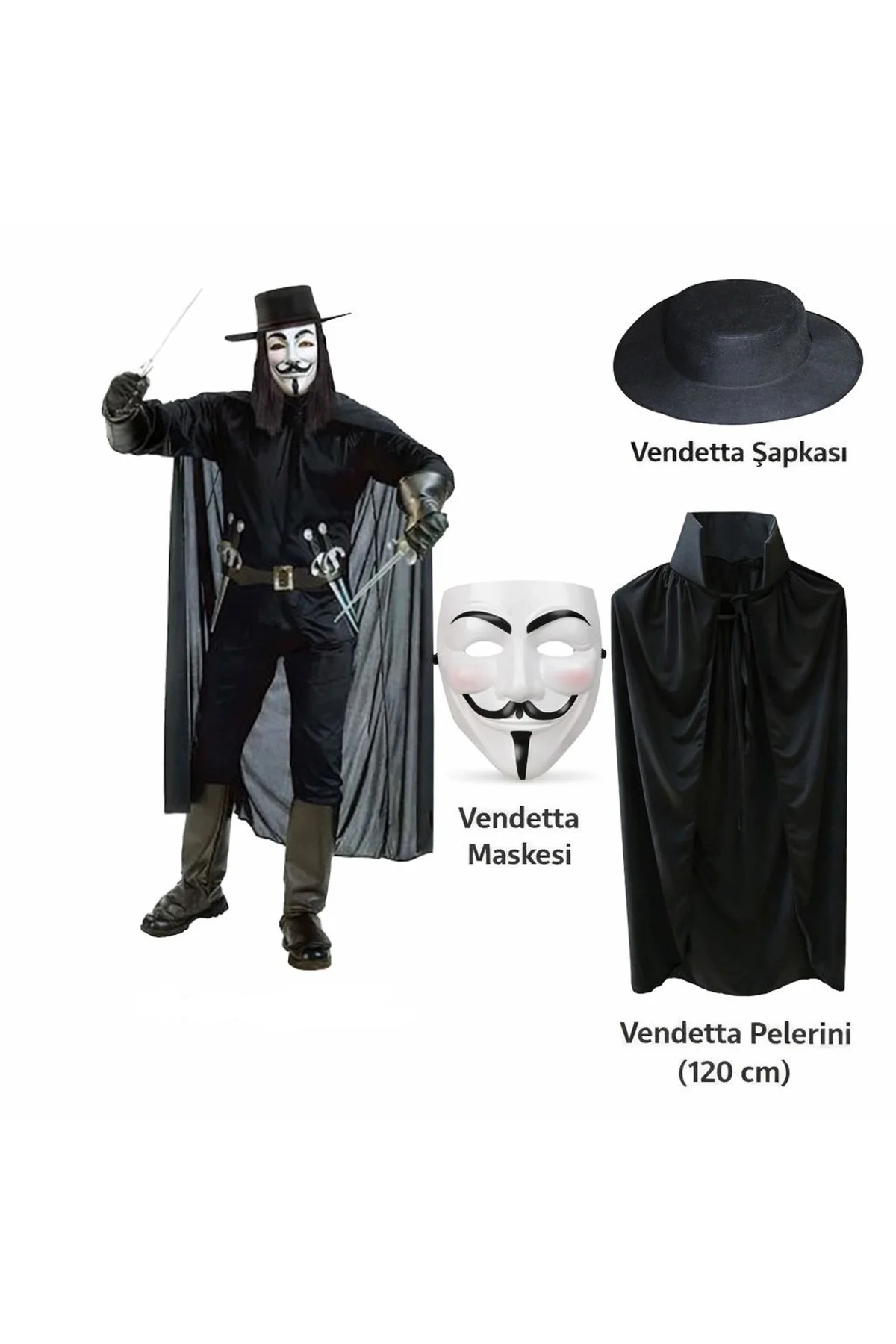 Vendetta Kostüm Seti – Şapka Maske Pelerin (120 Cm)