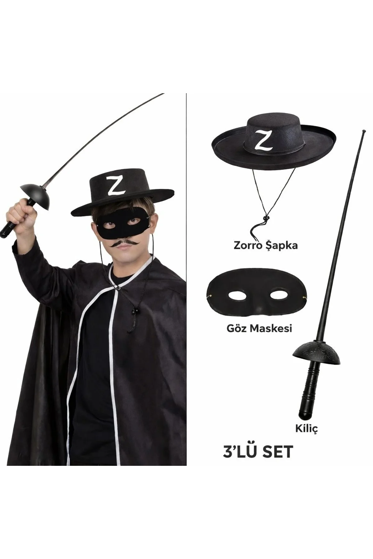 Zorro Kostüm Seti 3’lü Çocuk – Şapka, Maske Ve Kılıç