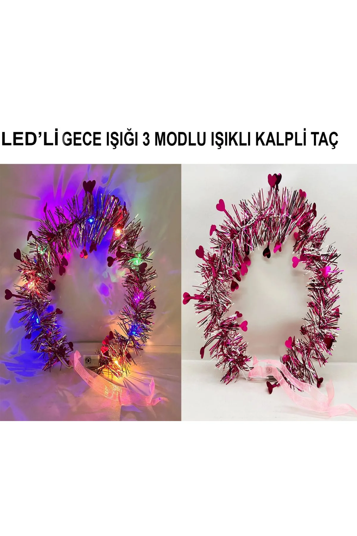 Kalp Püsküllü Gece Parıltısı 3 Modlu Led39li Işıklı Taç Fuşya Renk - Just Cheap Store Görsel 3