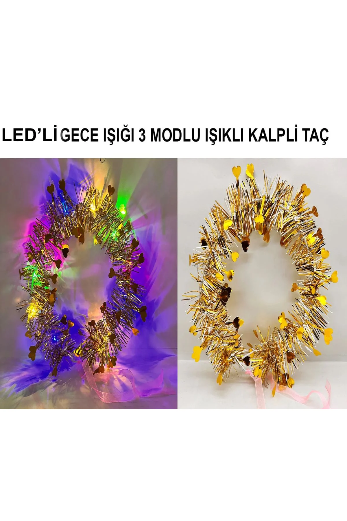 Kalp Püsküllü Gece Parıltısı 3 Modlu Led39li Işıklı Taç Altın Renk - Just Cheap Store Görsel 2