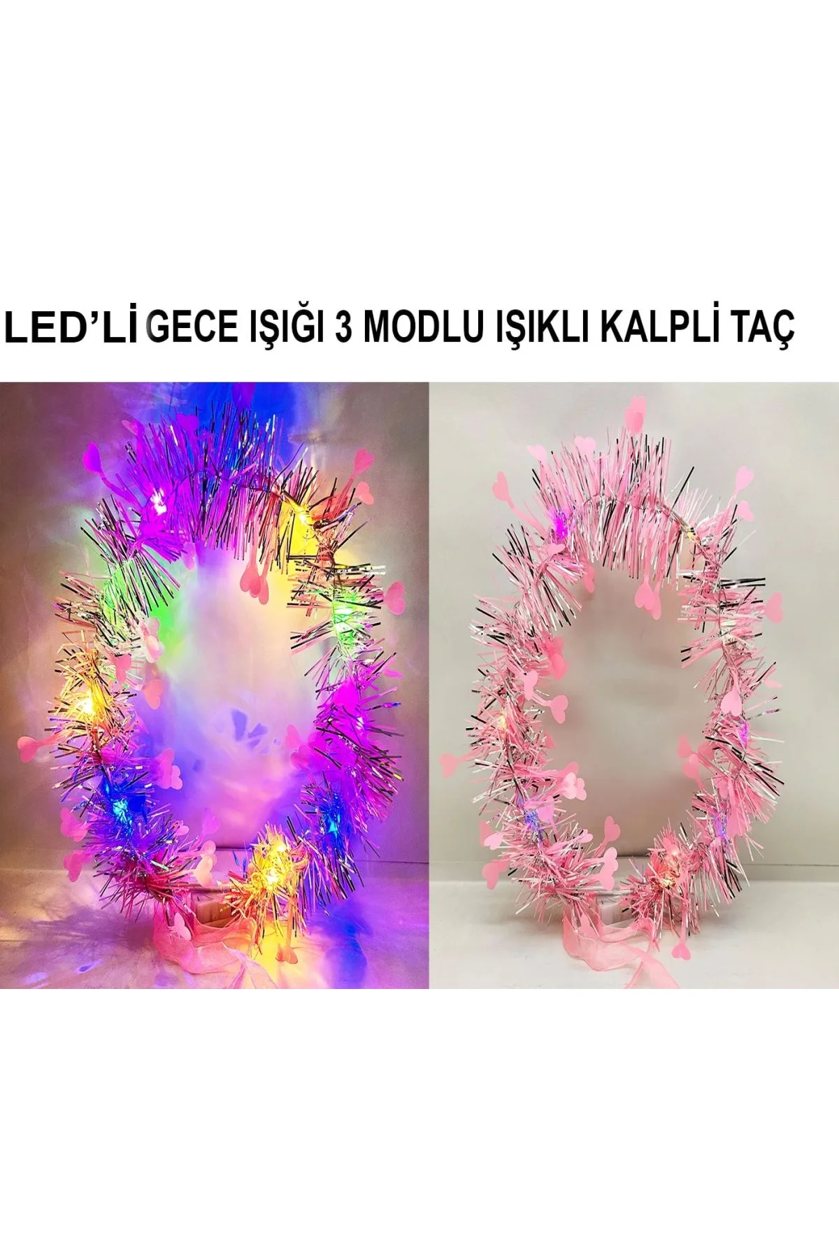 Kalp Püsküllü Gece Parıltısı 3 Modlu Led39li Işıklı Taç Pembe Renk - Just Cheap Store Görsel 2
