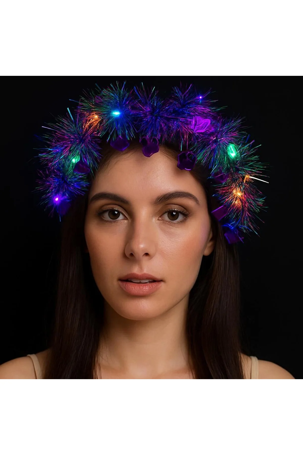 Kalp Püsküllü Gece Parıltısı 3 Modlu Led39li Işıklı Taç Mor Renk