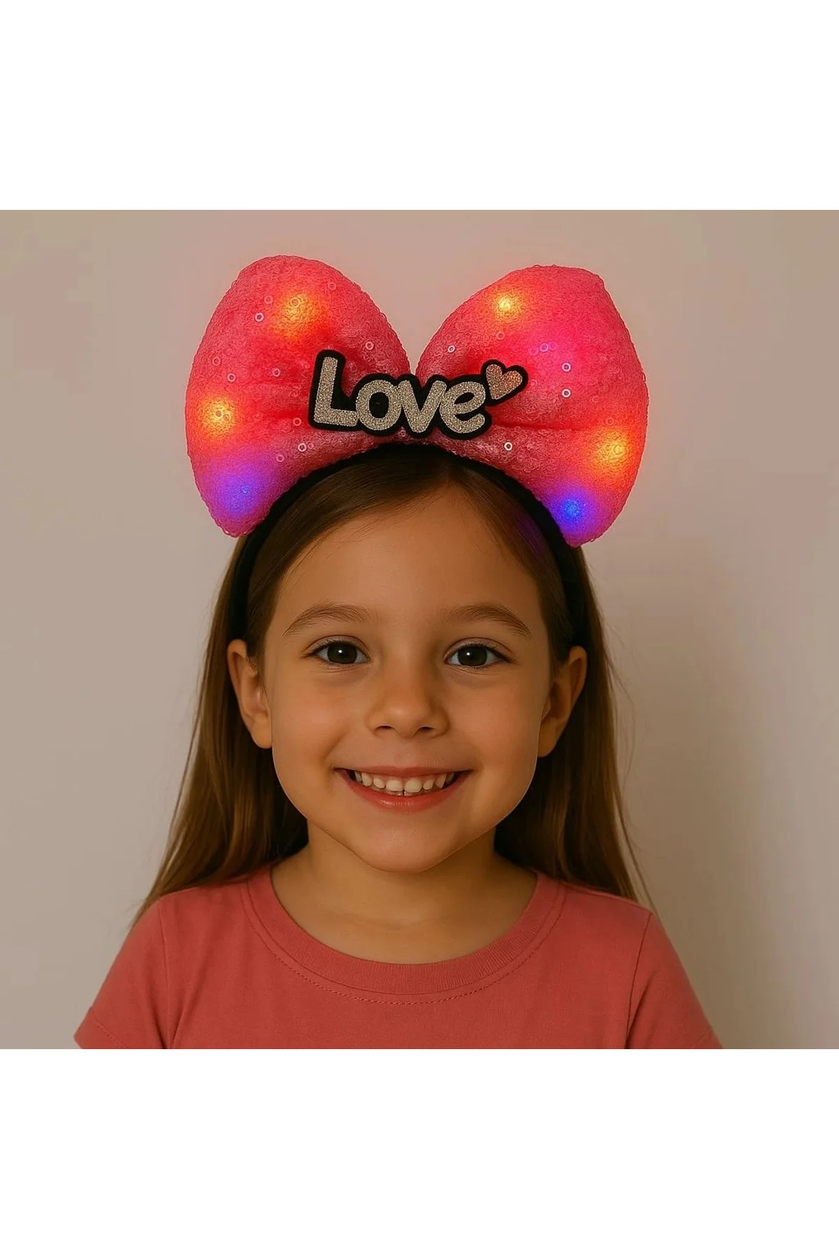 Led Işıklı Love Yazılı Fuşya Fiyonk Taç – Kız Çocuk Parti Tacı
