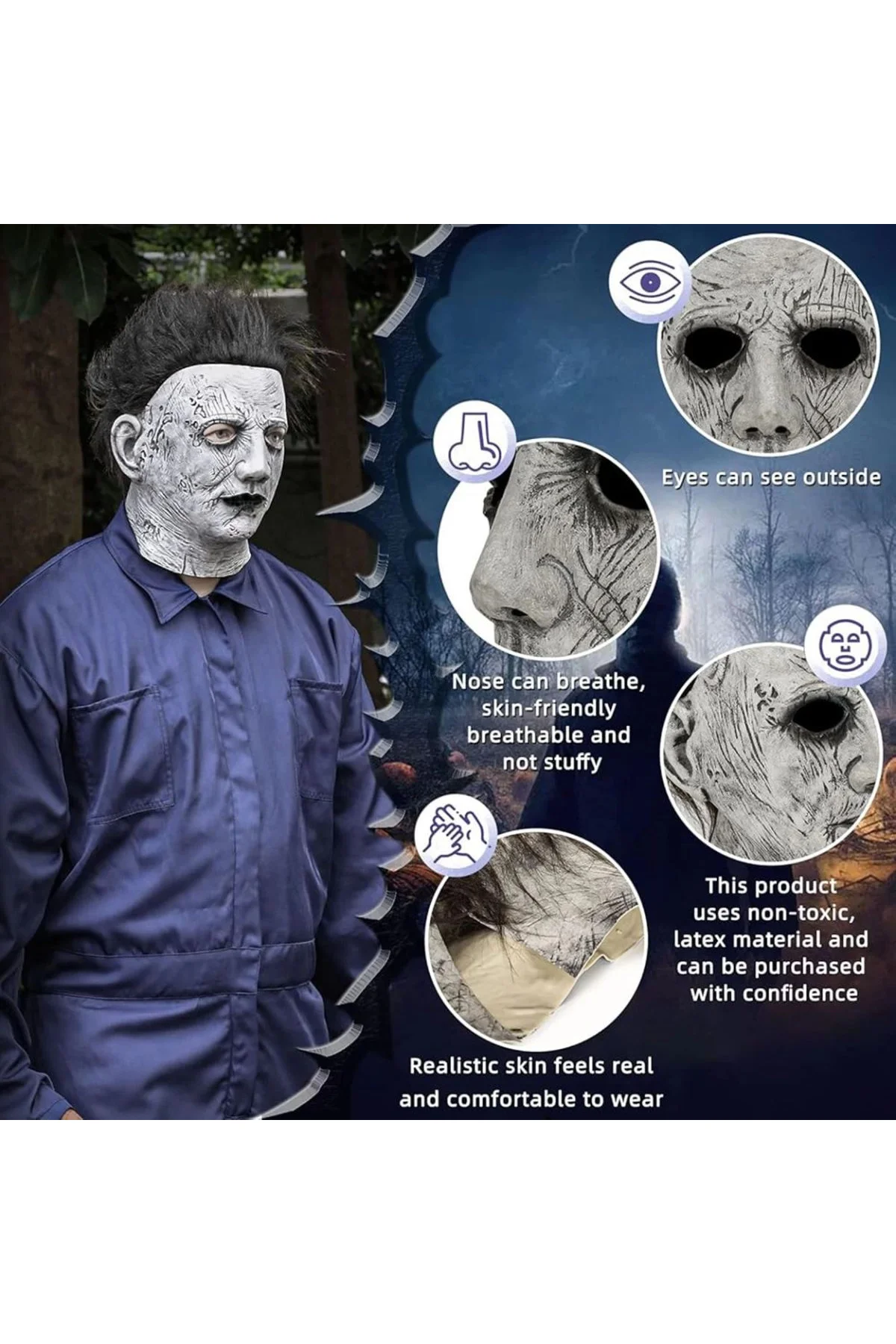 Siyah Saçlı Michael Myers Lateks Yüze Tam Yapışan Et Maske Korku Maskesi