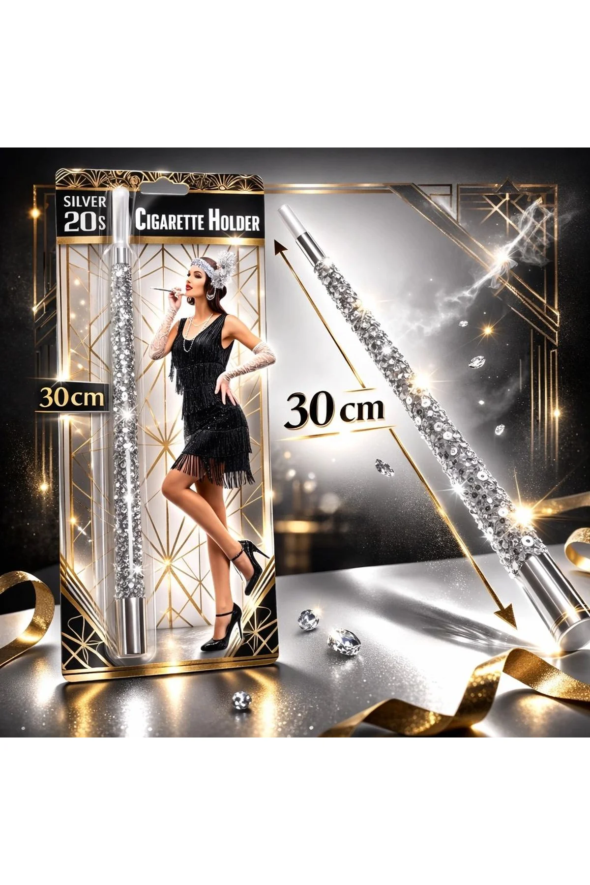 30 Cm Gümüş Payetli Tutacağı – 1920’ler Gatsby Parti Aksesuarı - Just Cheap Store Görsel 3