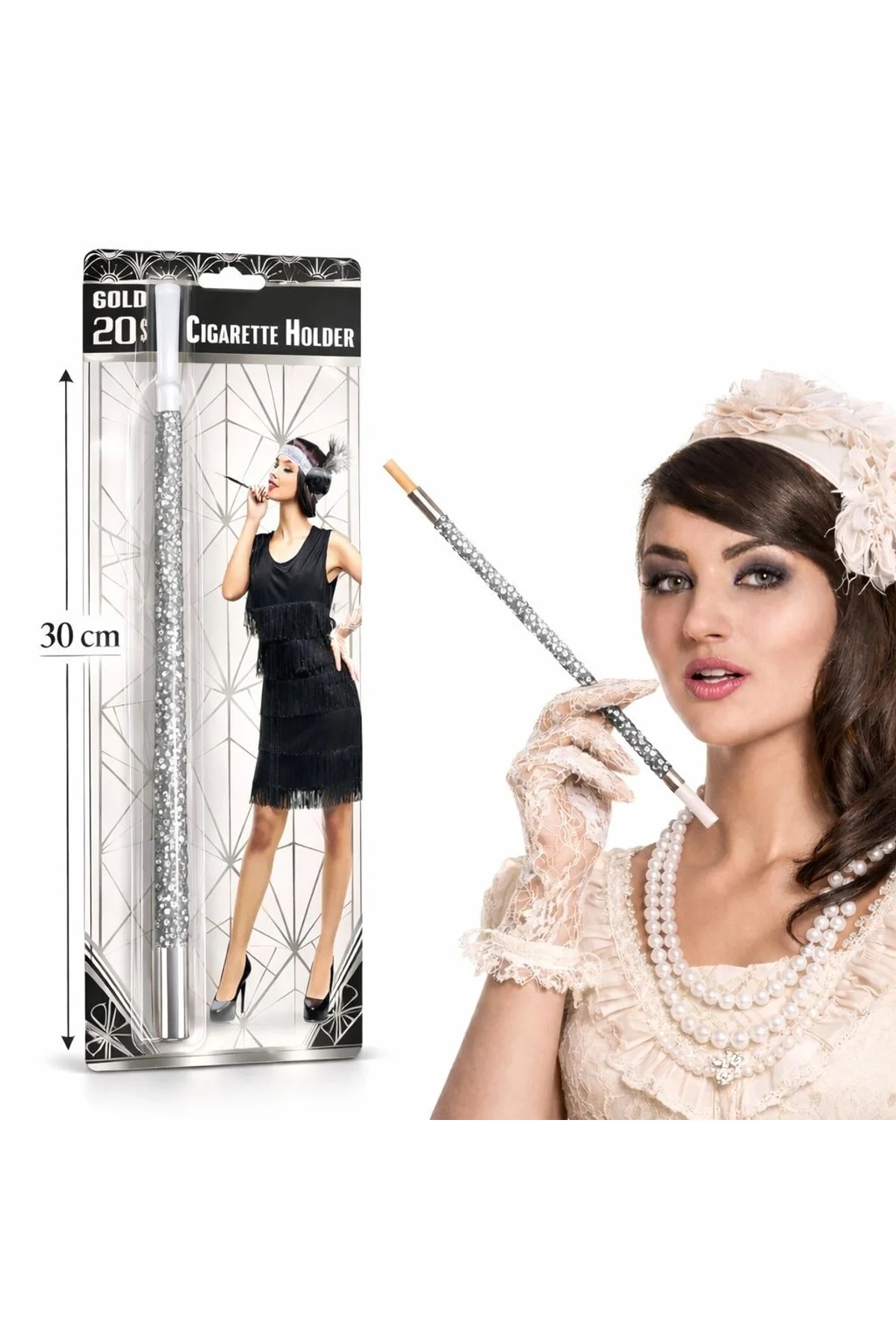 30 Cm Gümüş Payetli Tutacağı – 1920’ler Gatsby Parti Aksesuarı
