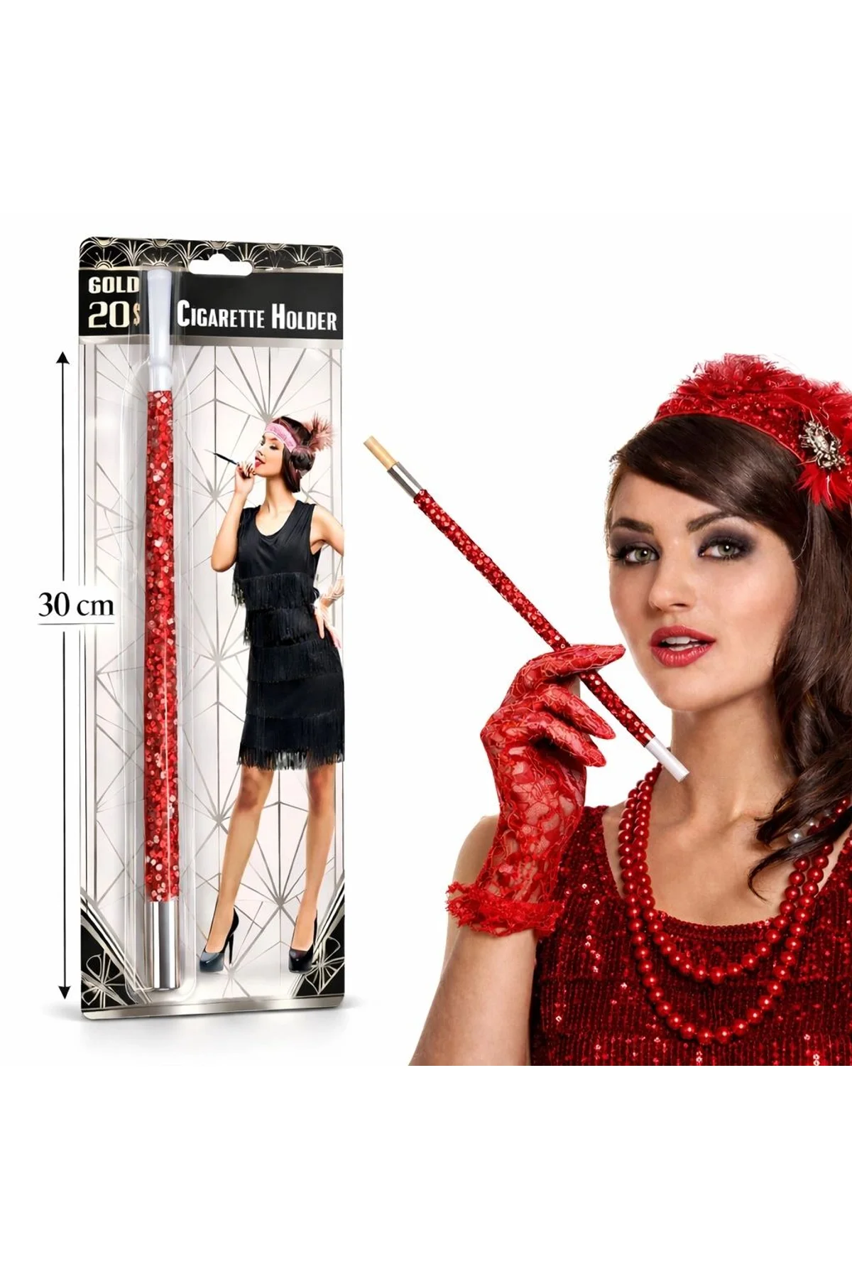 30 Cm Kırmızı Payetli Tutacağı – 1920’ler Gatsby Parti Aksesuarı