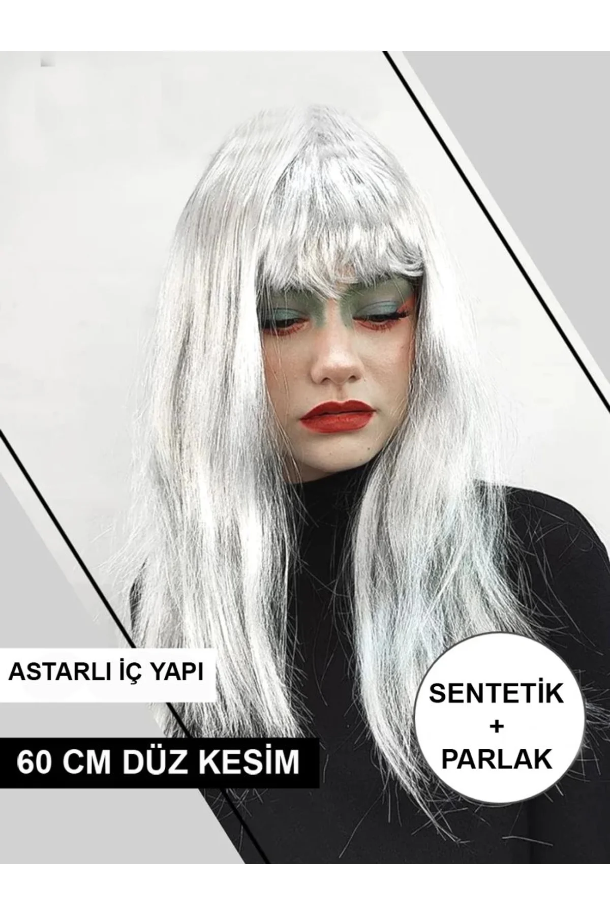 Platin Gri Gümüş Renk Uzun Parti Peruğu Uzun Takma Peruk