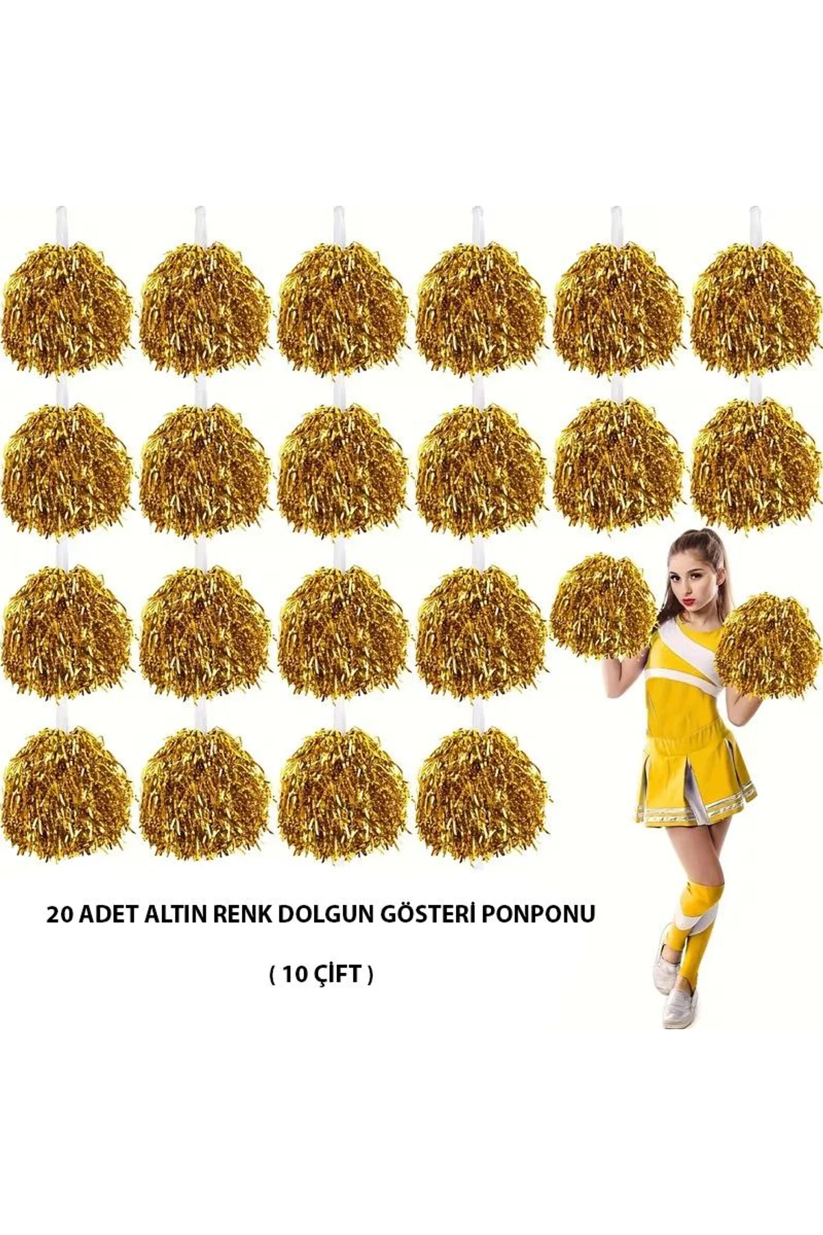 10 Çift ( 20 Adet ) Altın Renk 23 Nisan 19 Mayıs 29 Ekim Okul Gösteri Ponponları