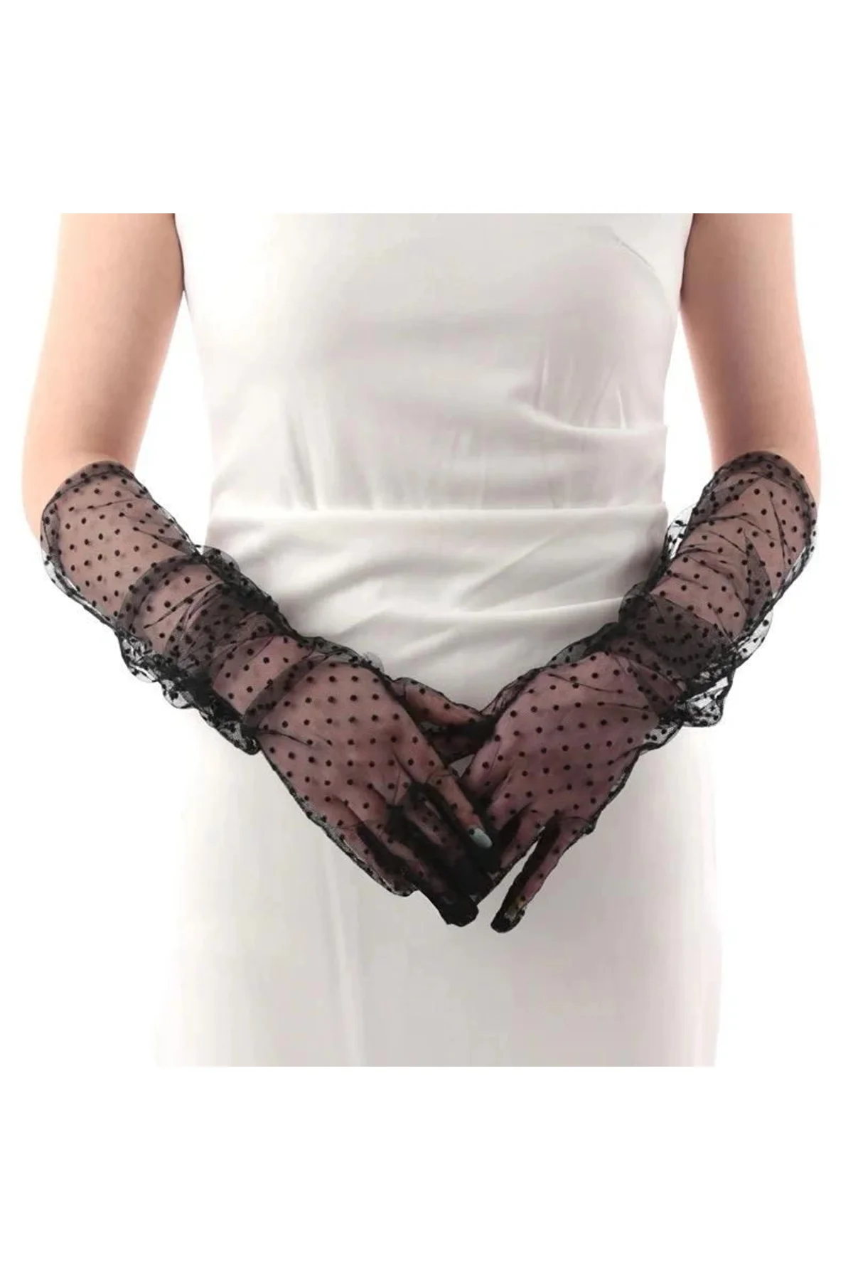 Uzun Boy Siyah Puantiyeli Siyah Renk Yetişkin Tül Eldiven 55 Cm - Just Cheap Store Görsel 2