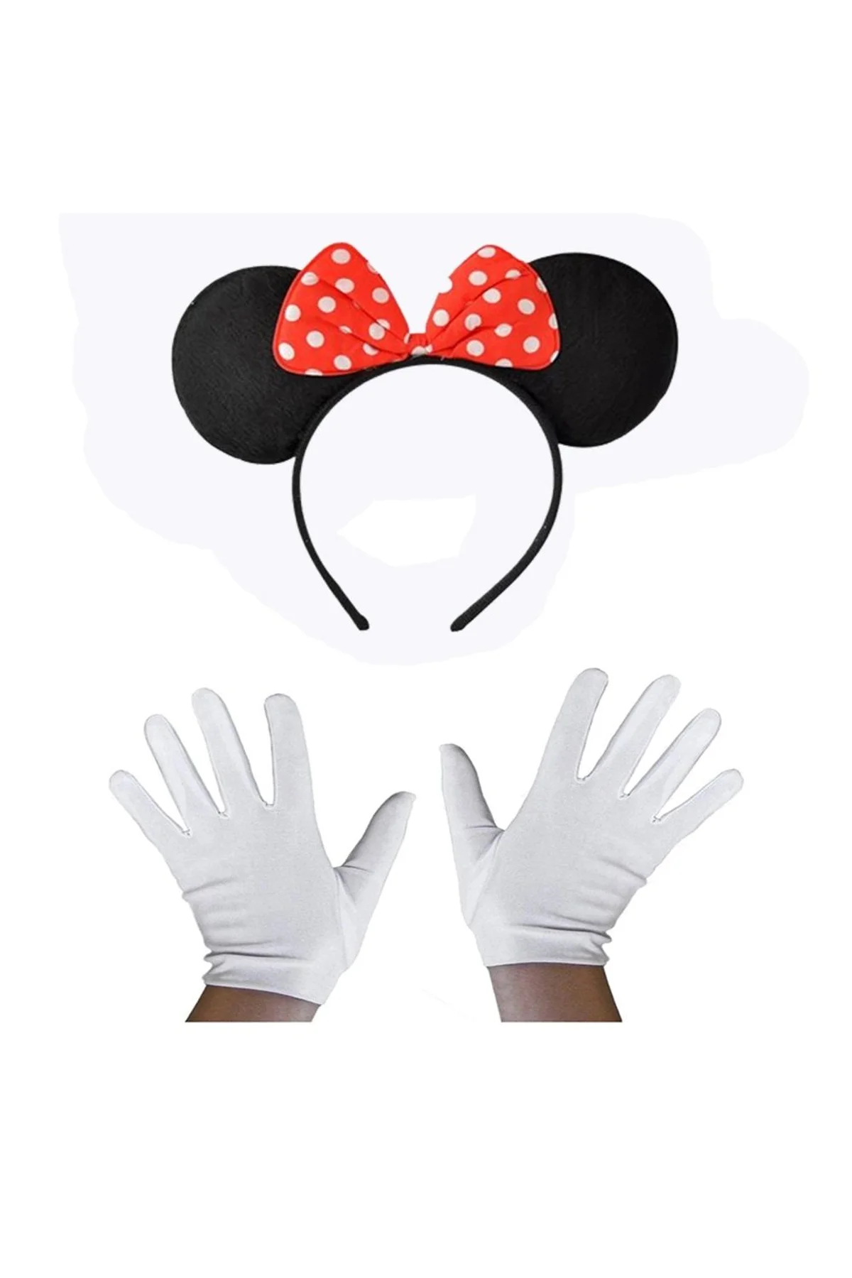 Kırmızı Fiyonklu Minnie Mouse Tacı Ve Beyaz Eldiven Seti