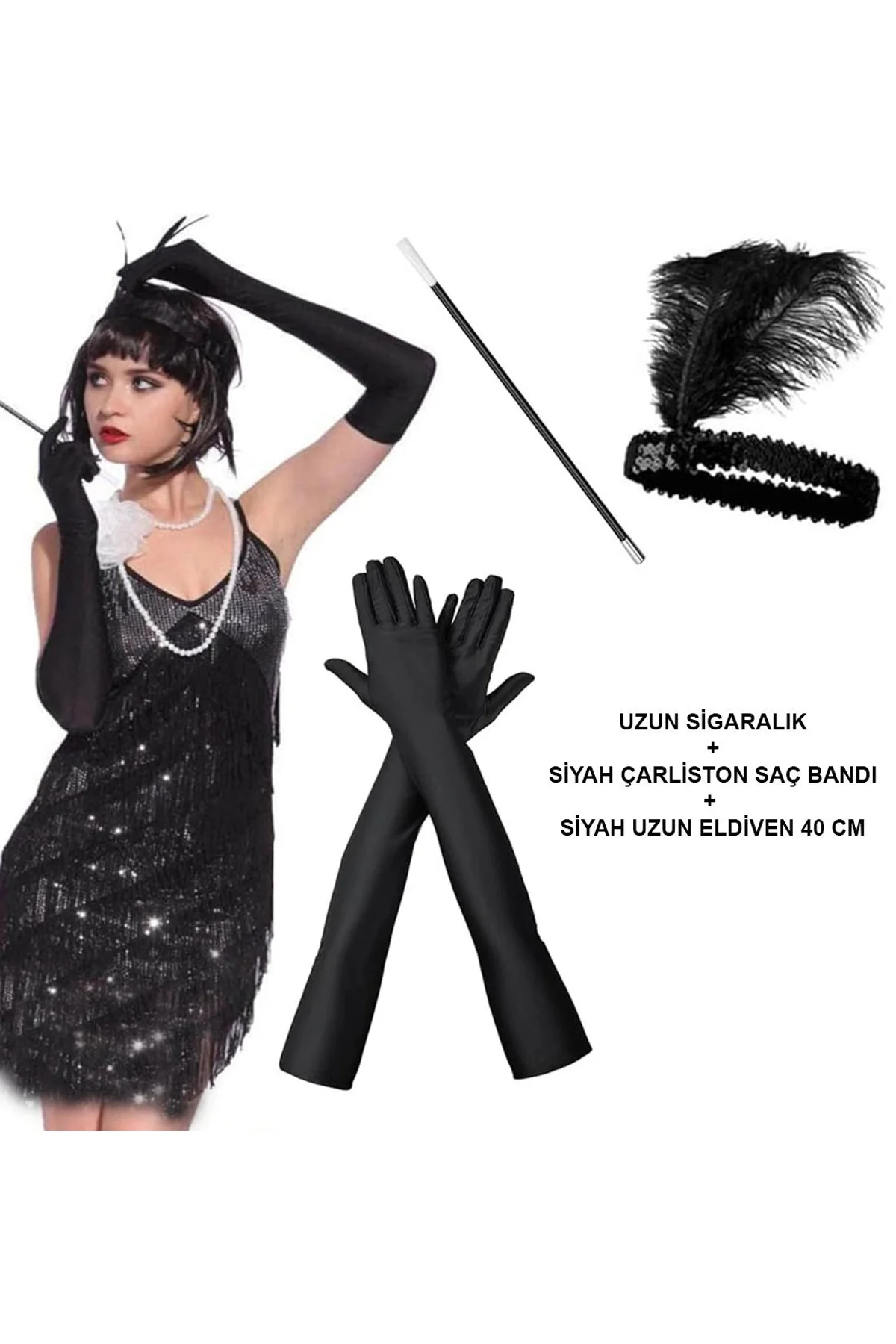 192039ler Gatsby Aksesuar Seti – Siyah Charleston Saç Bandı, Uzun Eldiven Lık